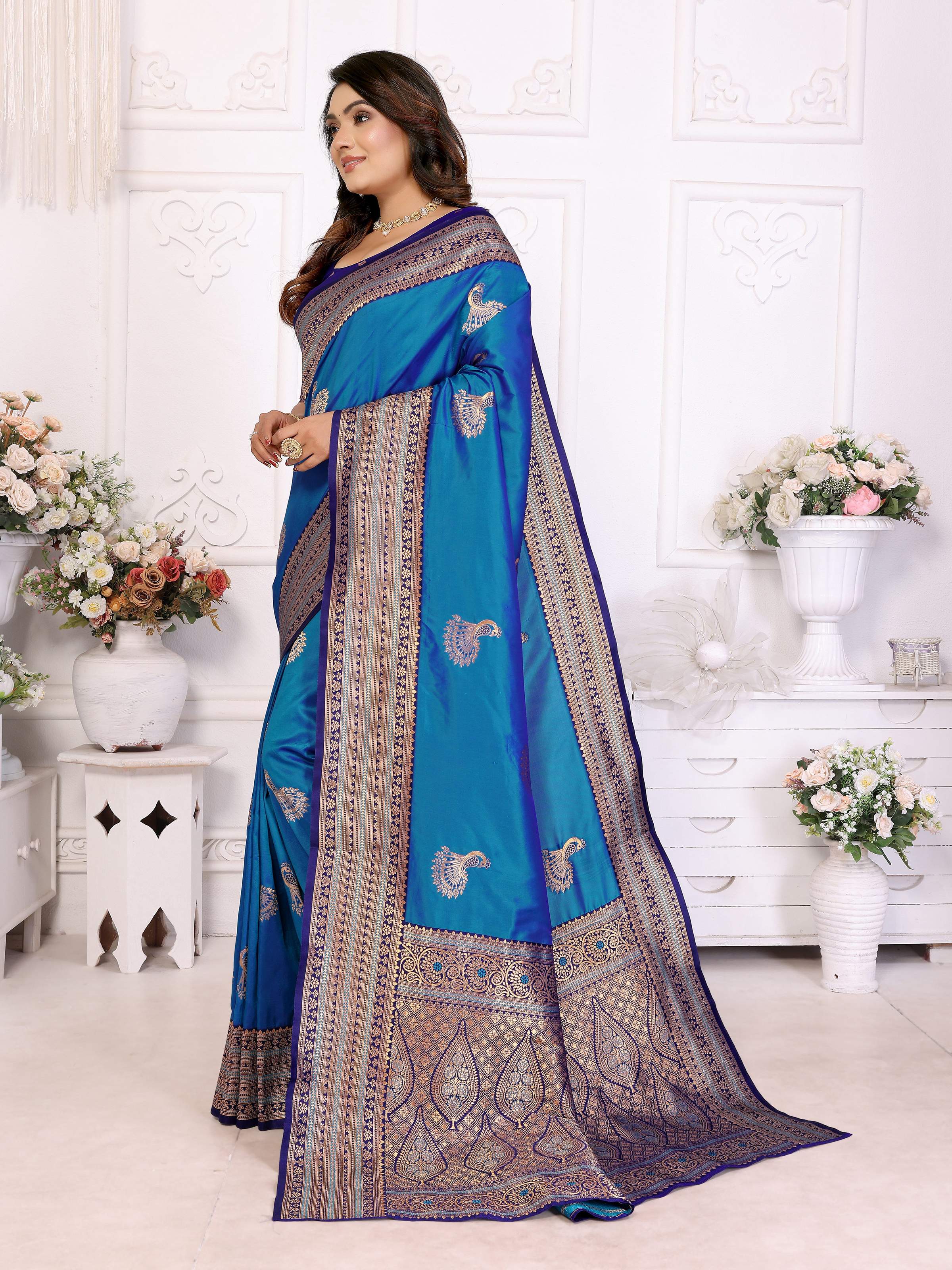 Sonakshi Women's Feroji Banarasi Silk Zari Woven Traditional Saree with Blouse