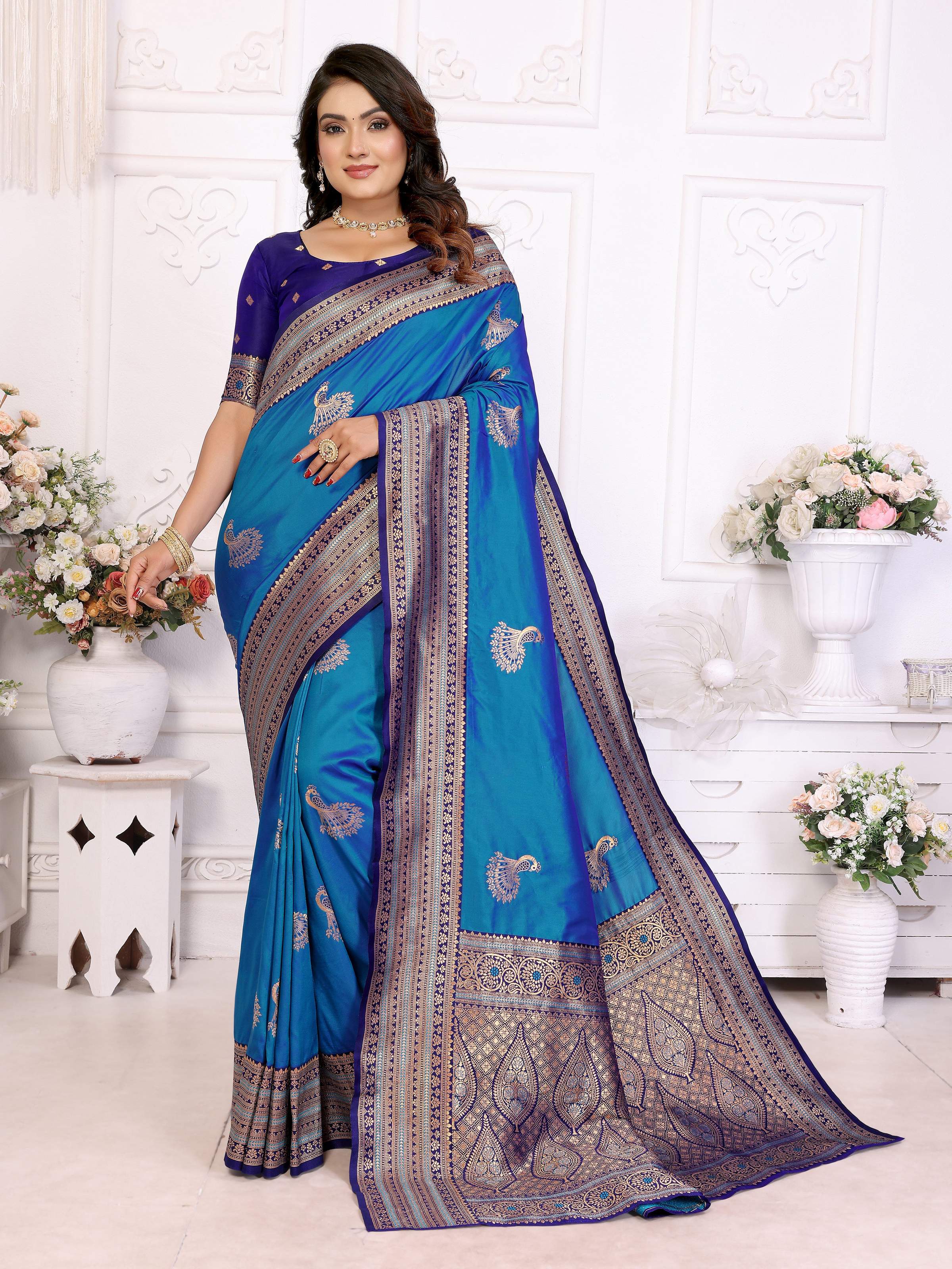 Sonakshi Women's Feroji Banarasi Silk Zari Woven Traditional Saree with Blouse