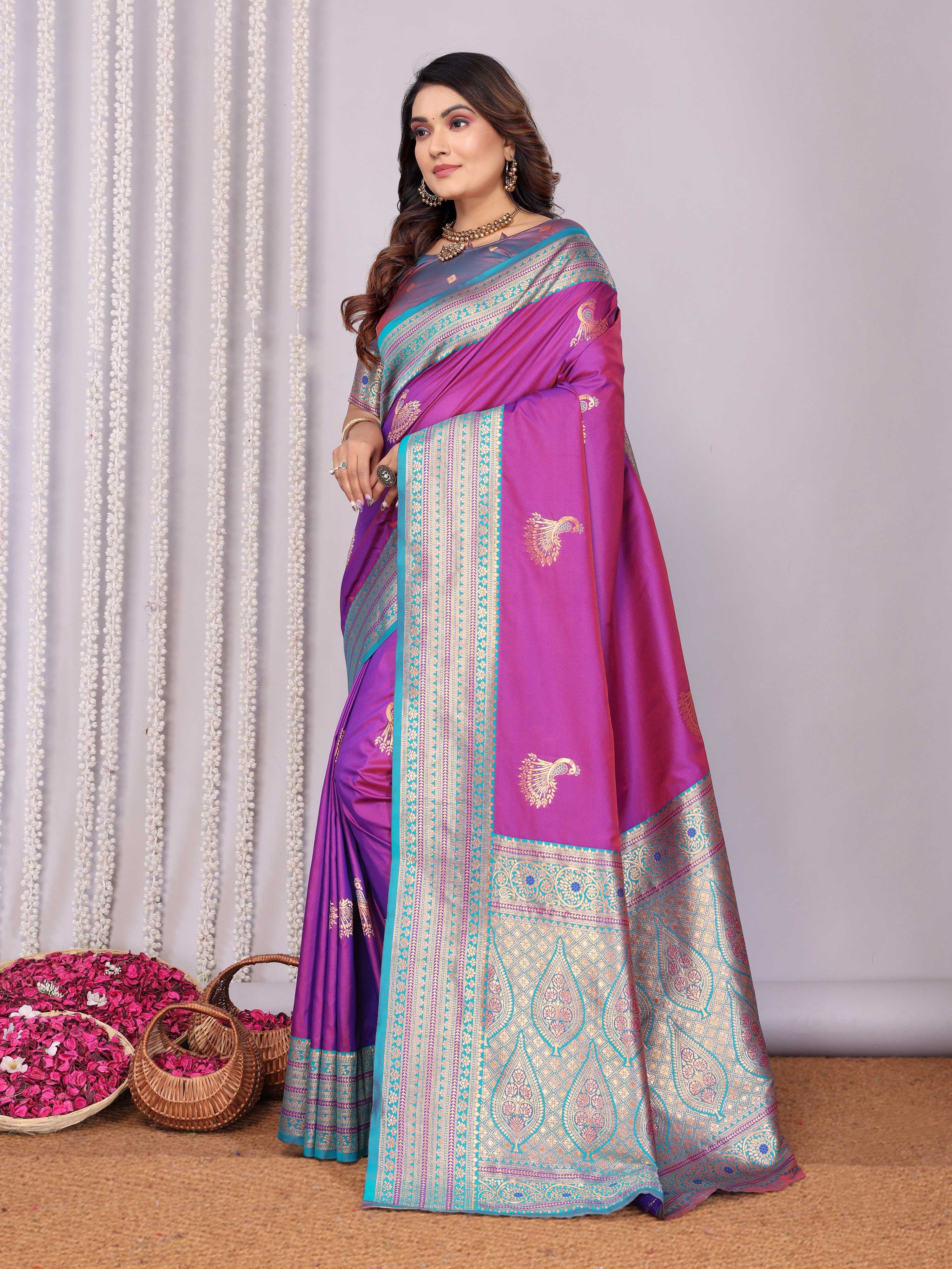 Sonakshi Women's Lavender Banarasi Silk Zari Woven Traditional Saree with Blouse