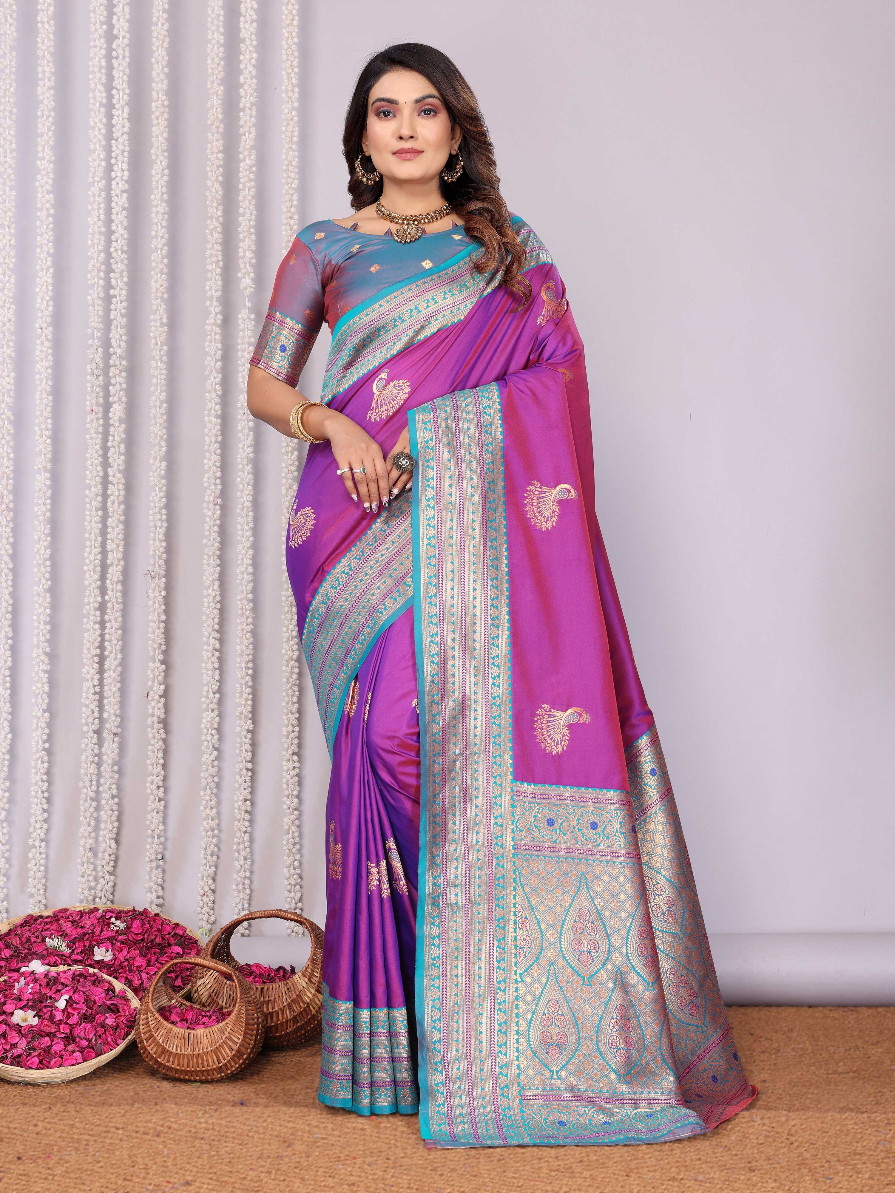 Sonakshi Women's Lavender Banarasi Silk Zari Woven Traditional Saree with Blouse