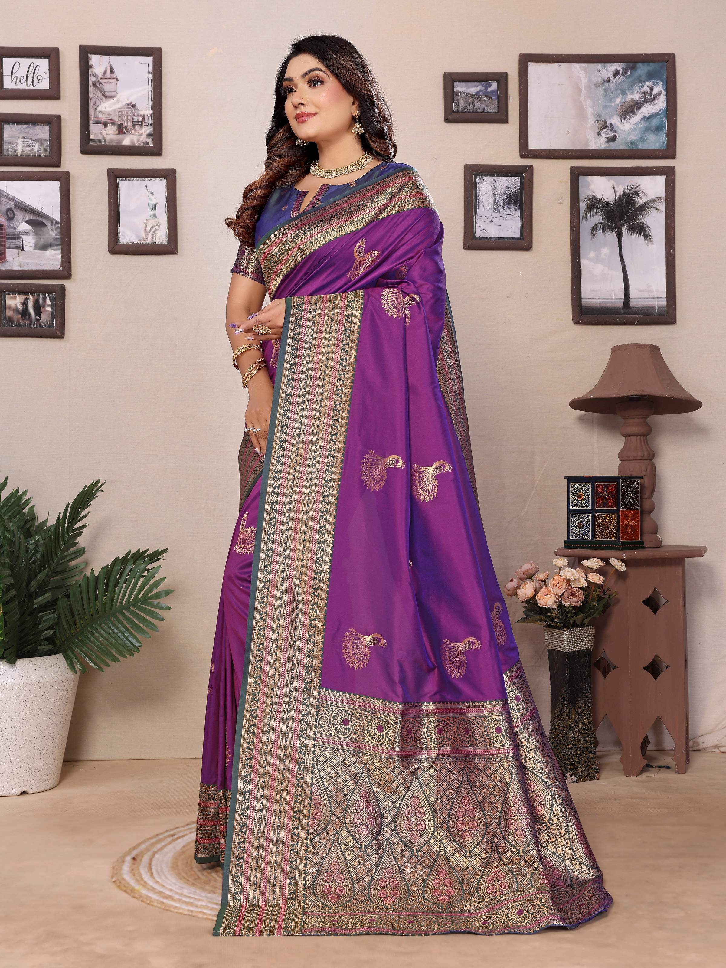 Sonakshi Women's Purple Banarasi Silk Zari Woven Traditional Saree with Blouse