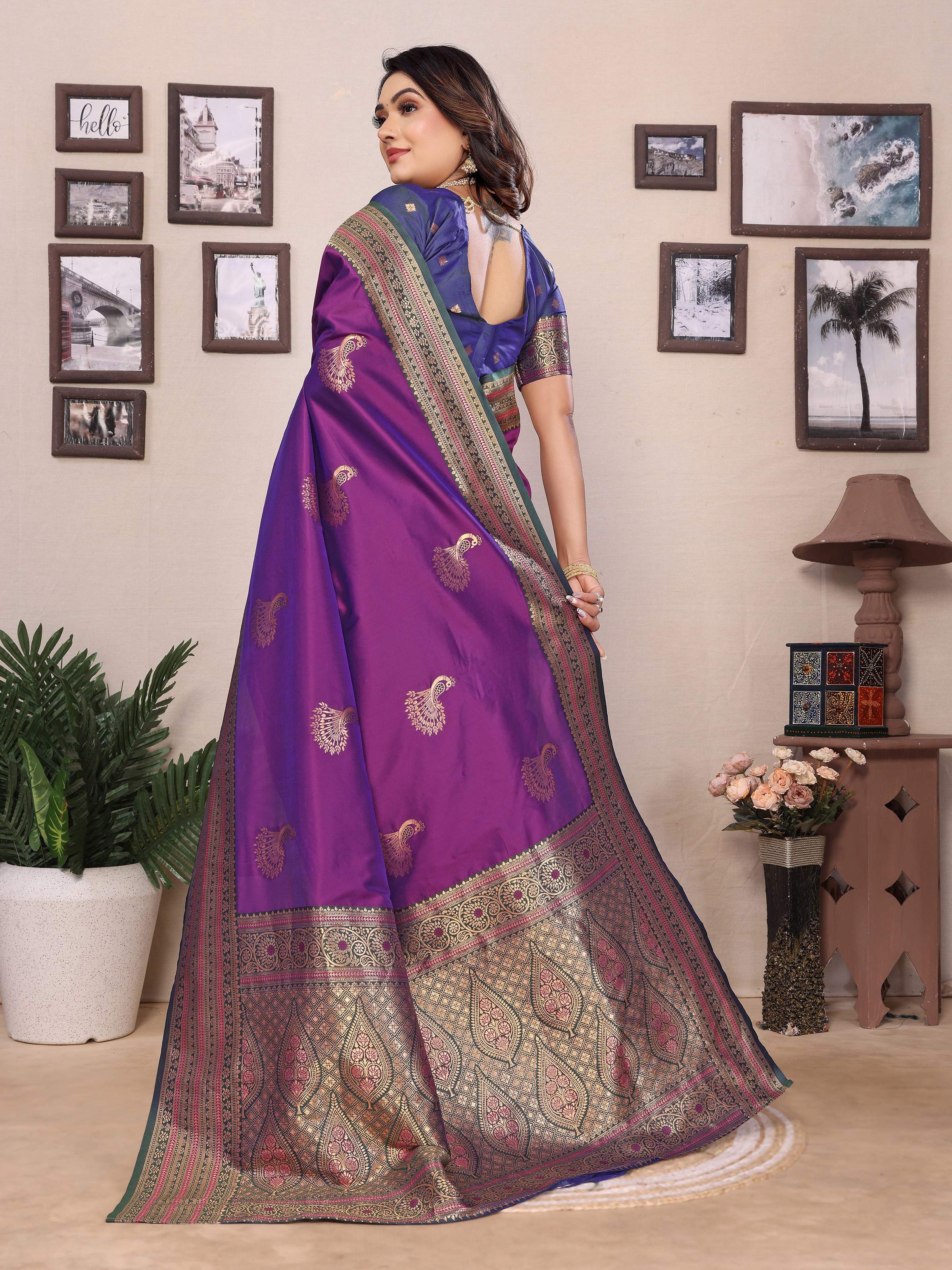 Sonakshi Women's Purple Banarasi Silk Zari Woven Traditional Saree with Blouse
