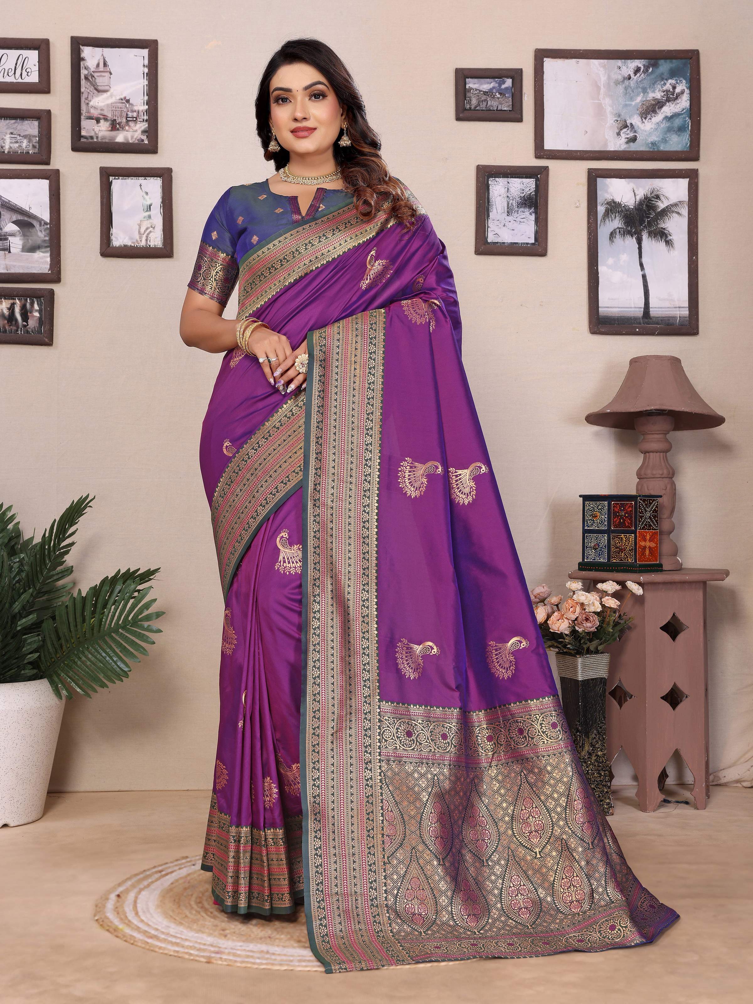 Sonakshi Women's Purple Banarasi Silk Zari Woven Traditional Saree with Blouse