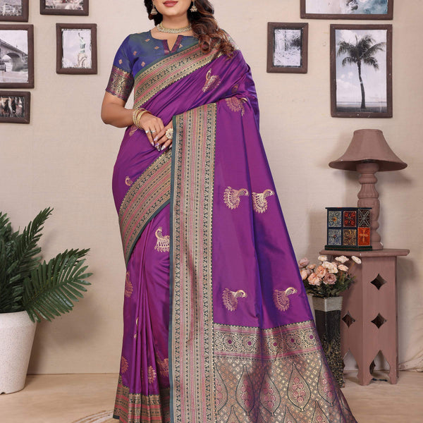 Sonakshi Women's Purple Banarasi Silk Zari Woven Traditional Saree with Blouse - Distacart
