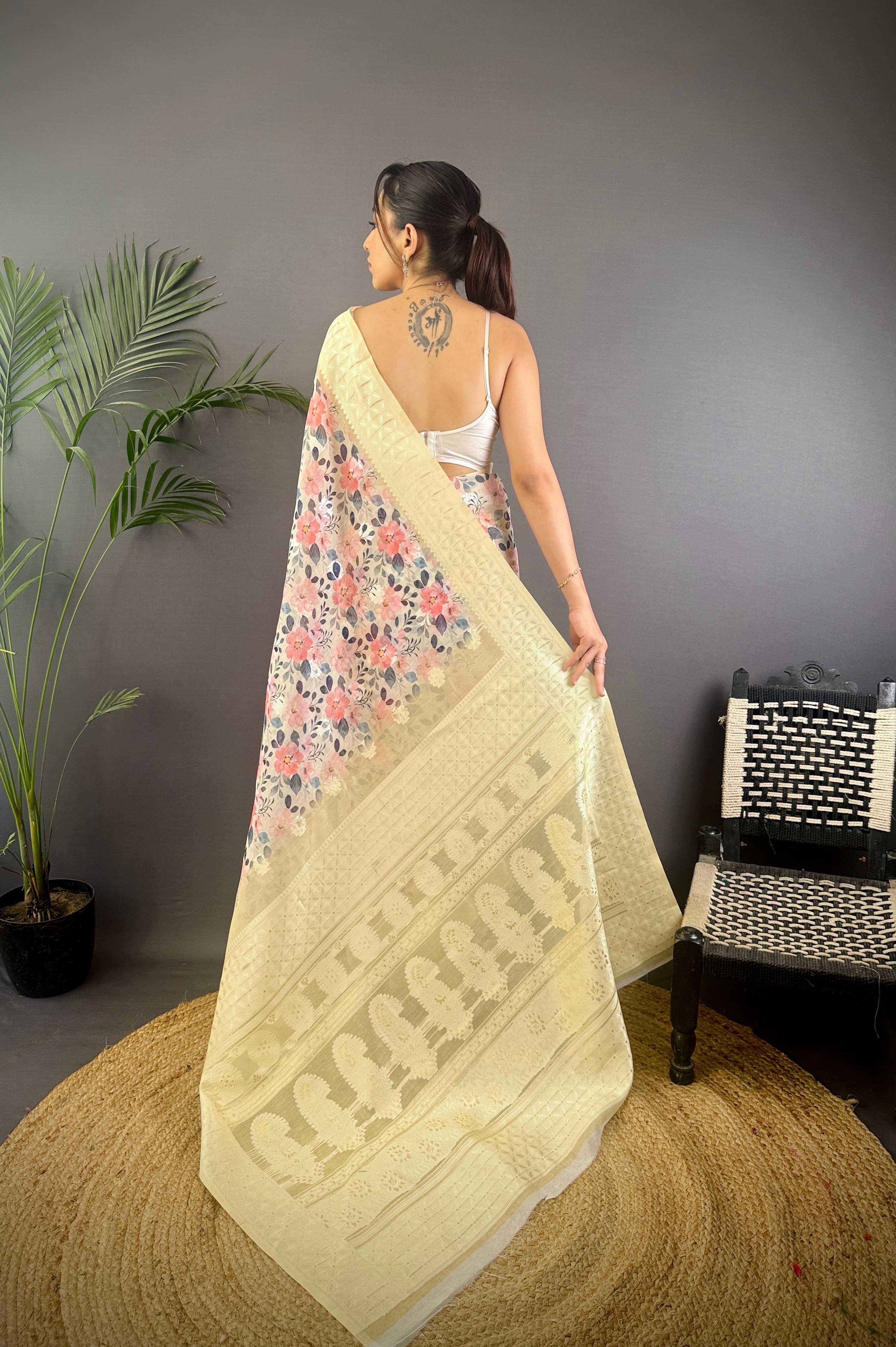 Sonakshi Women's Chandan Blend Silk Jacquard Woven Traditional Saree with Blouse