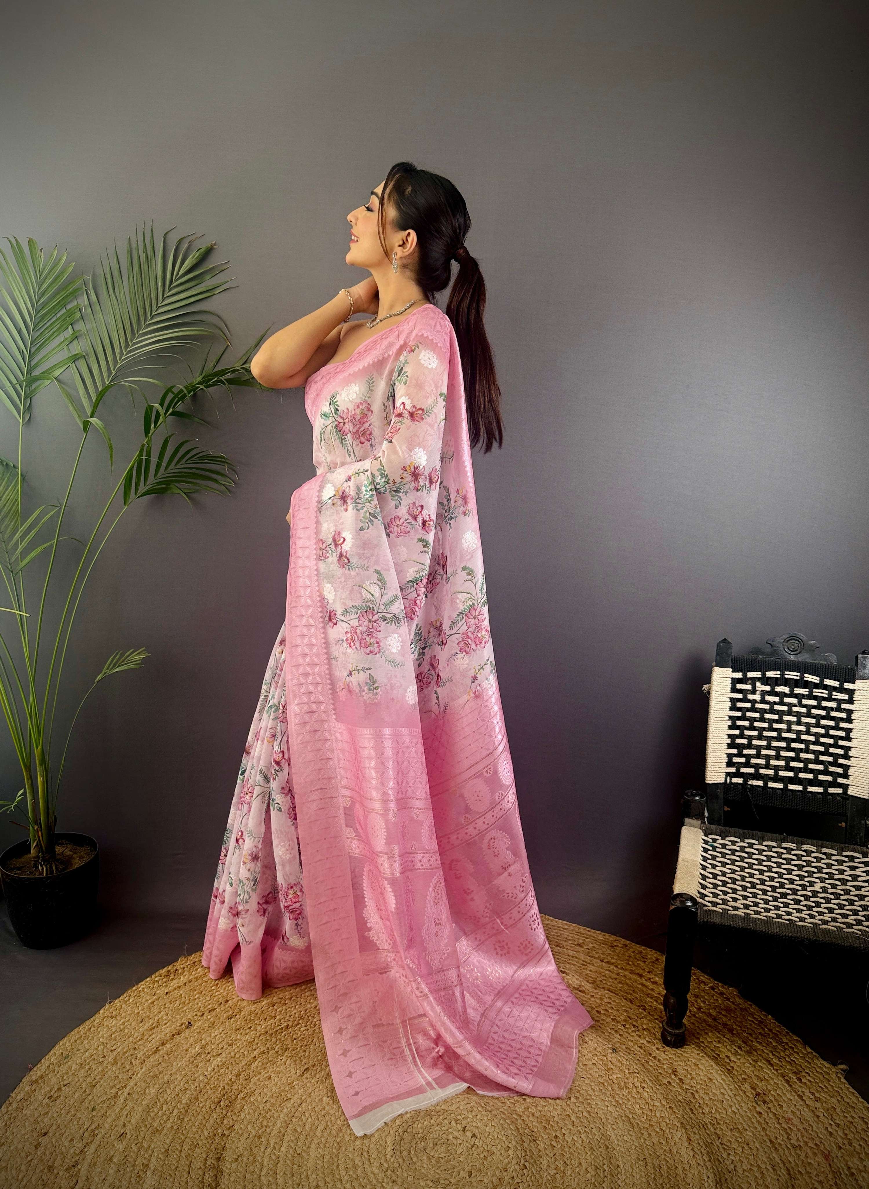 Sonakshi Women's Pink Blend Silk Jacquard Woven Traditional Saree with Blouse