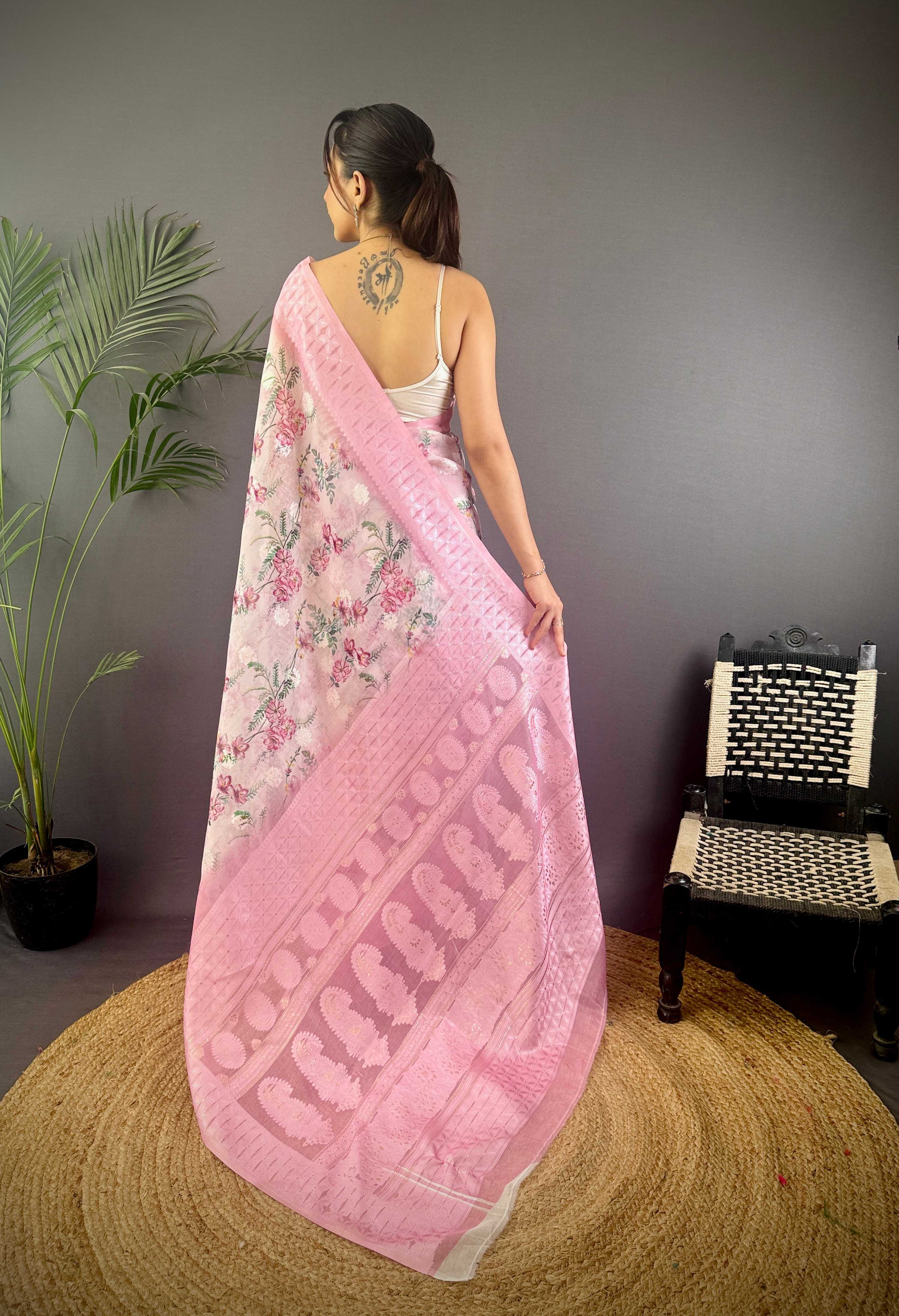 Sonakshi Women's Pink Blend Silk Jacquard Woven Traditional Saree with Blouse