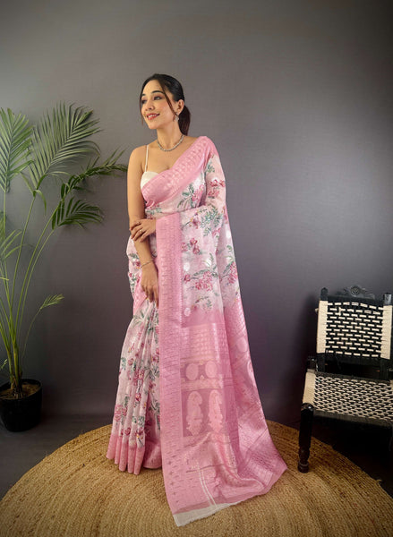 Sonakshi Women's Pink Blend Silk Jacquard Woven Traditional Saree with Blouse