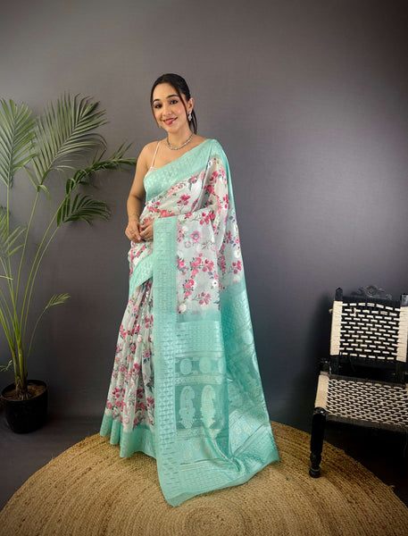 Sonakshi Women's Seagreen Blend Silk Jacquard Woven Traditional Saree with Blouse