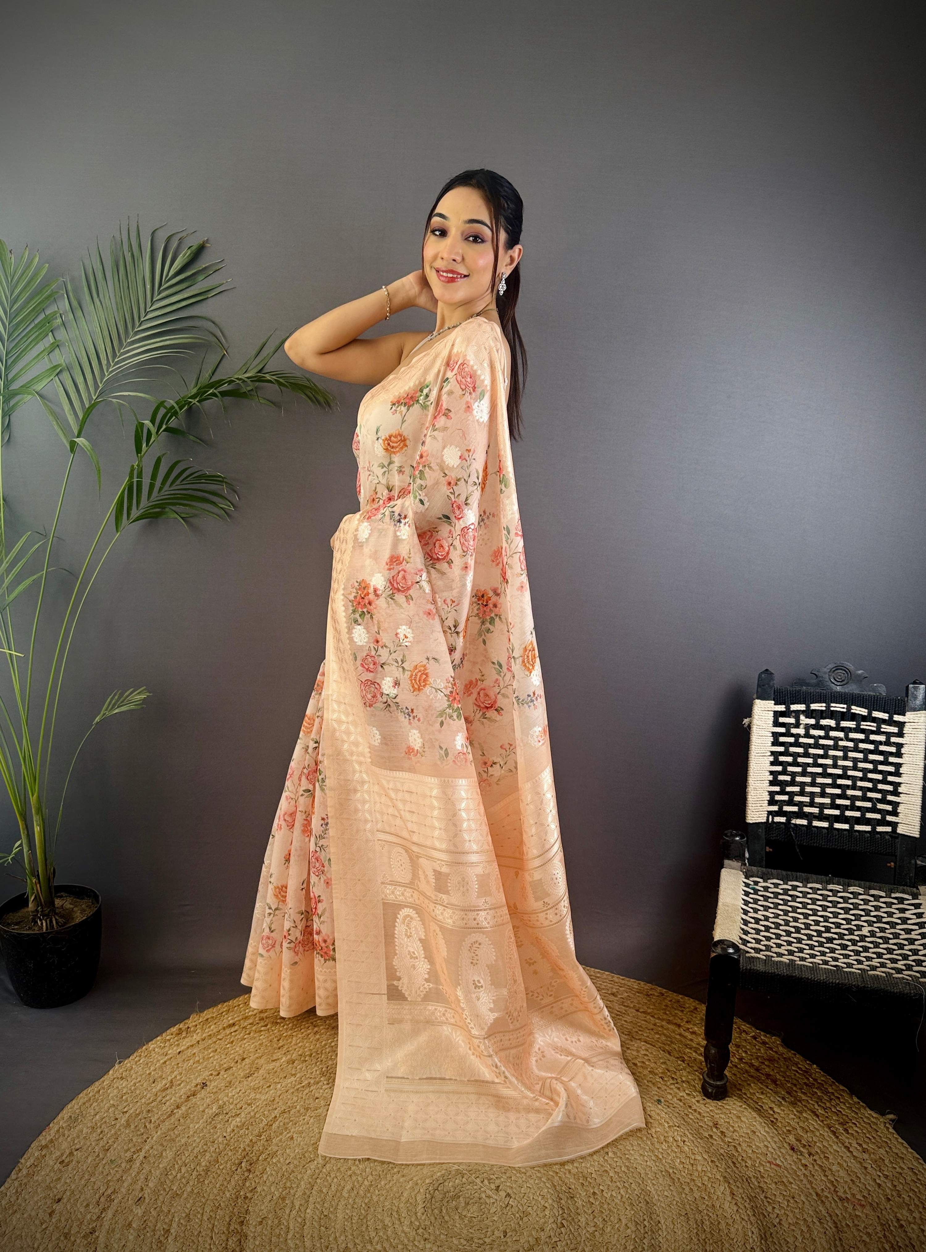 Sonakshi Women's Beige Blend Silk Jacquard Woven Traditional Saree with Blouse