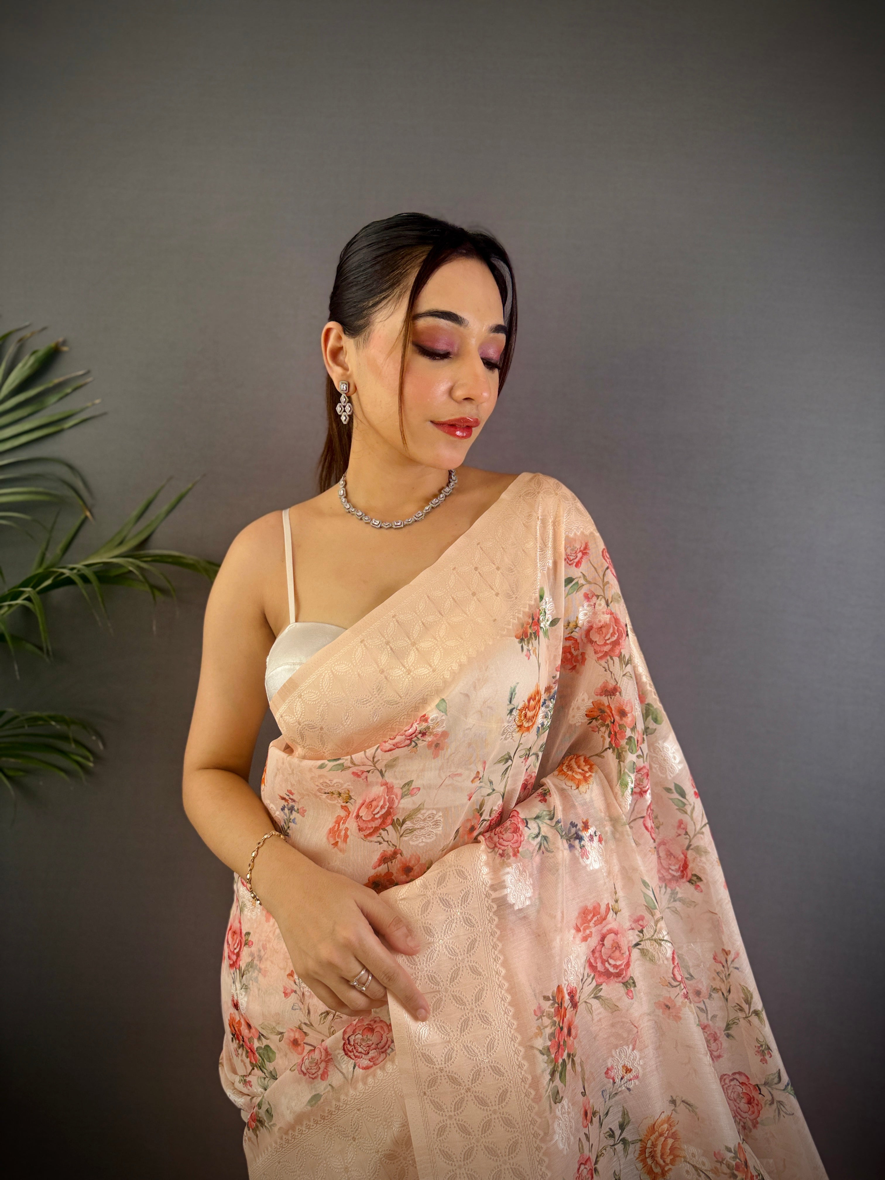 Sonakshi Women's Beige Blend Silk Jacquard Woven Traditional Saree with Blouse