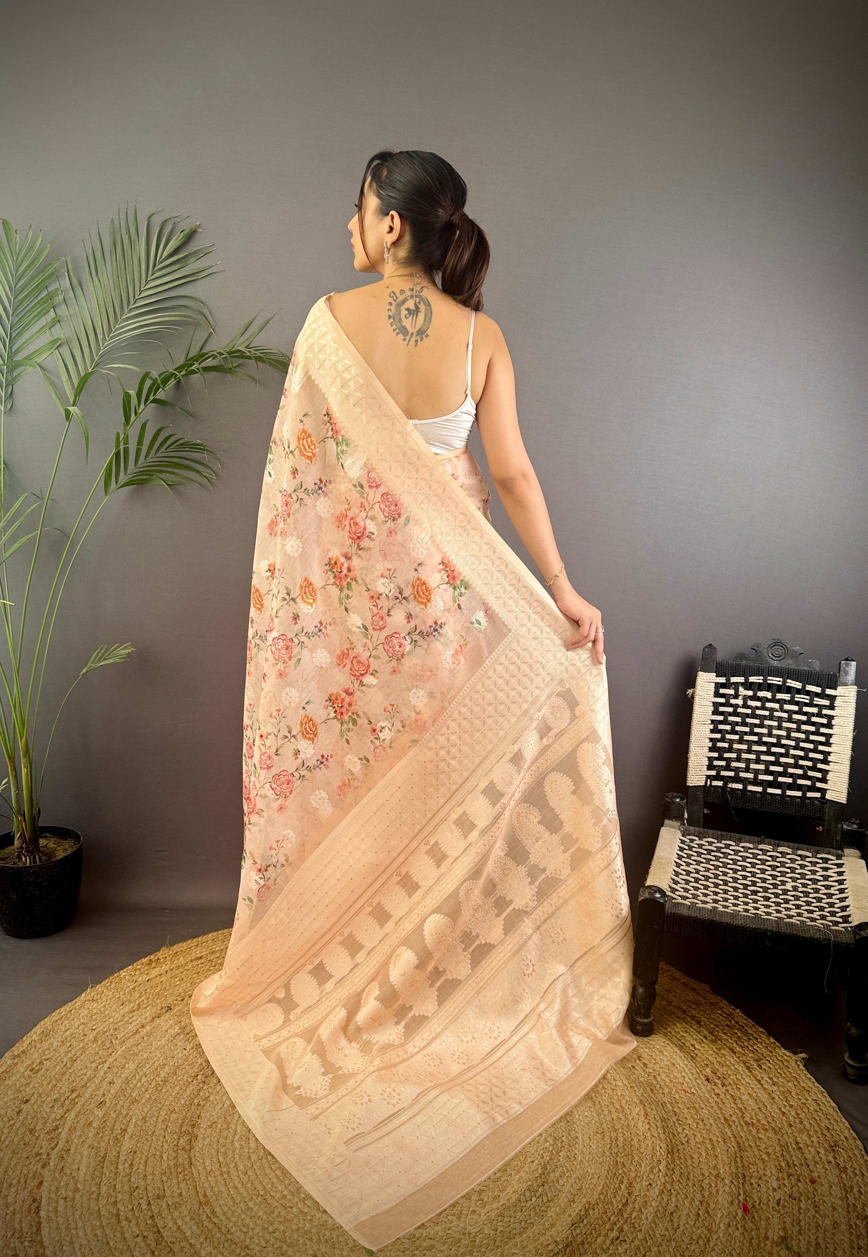 Sonakshi Women's Beige Blend Silk Jacquard Woven Traditional Saree with Blouse