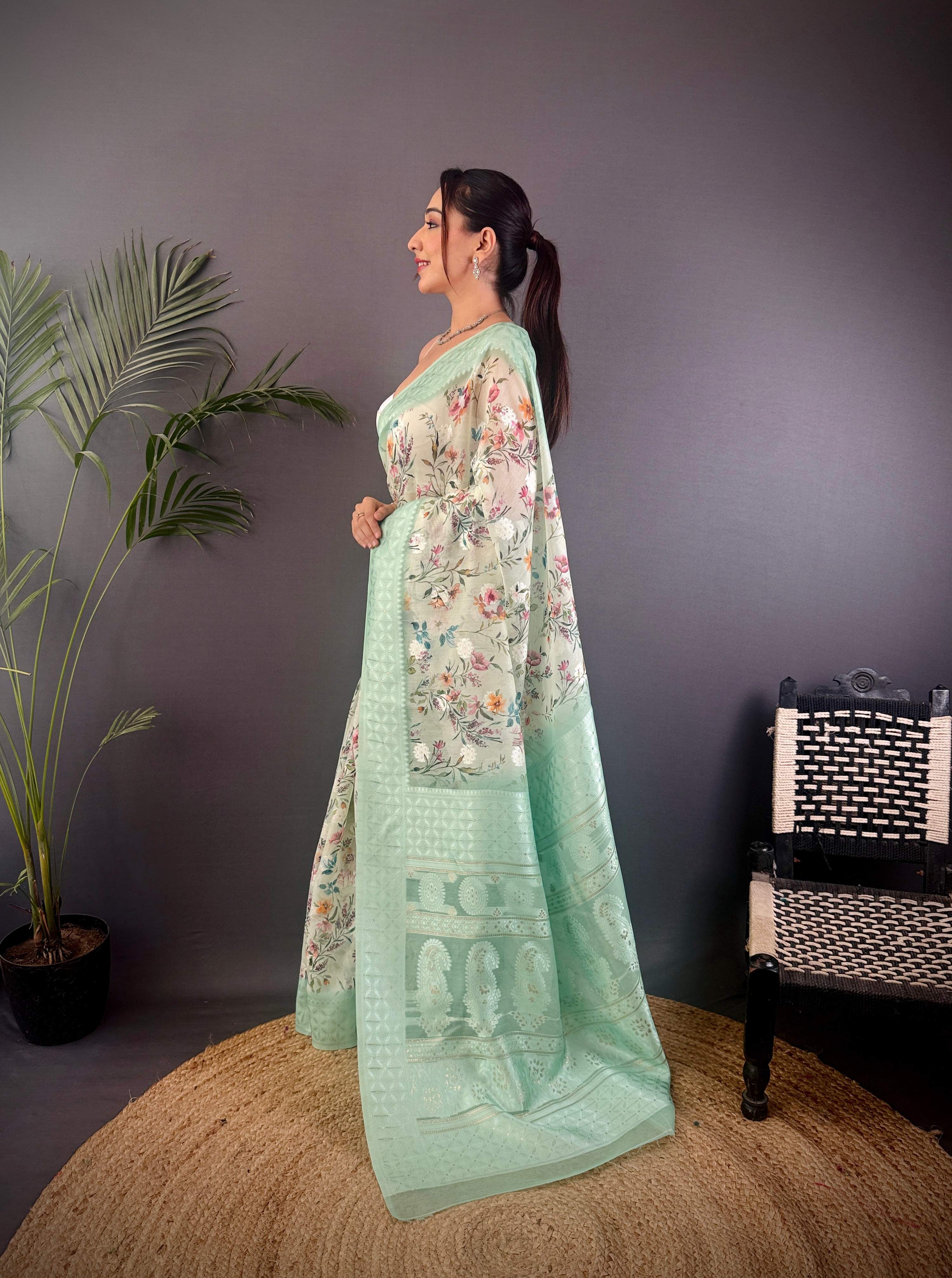 Sonakshi Women's Sky Blend Silk Jacquard Woven Traditional Saree with Blouse