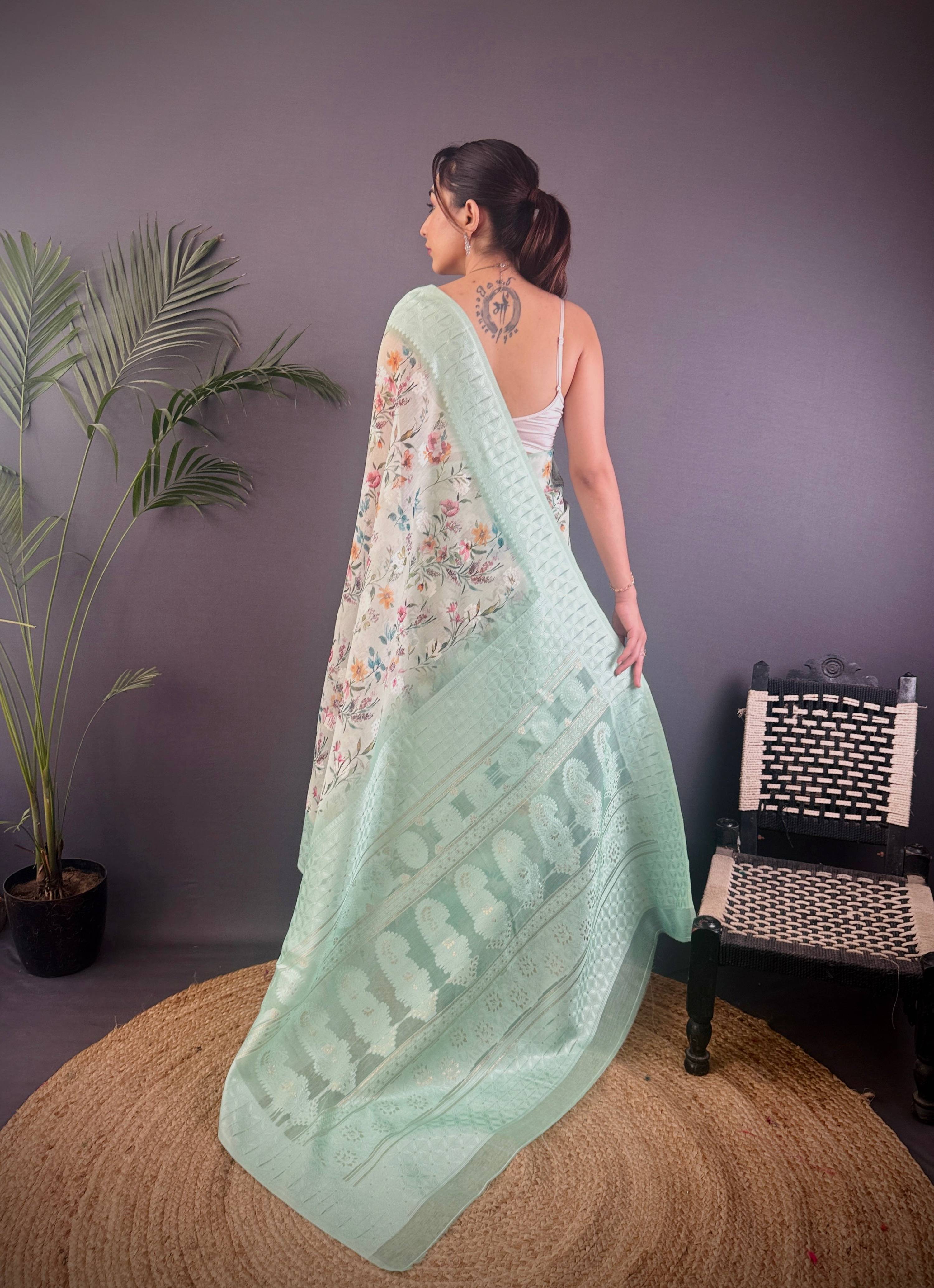 Sonakshi Women's Sky Blend Silk Jacquard Woven Traditional Saree with Blouse