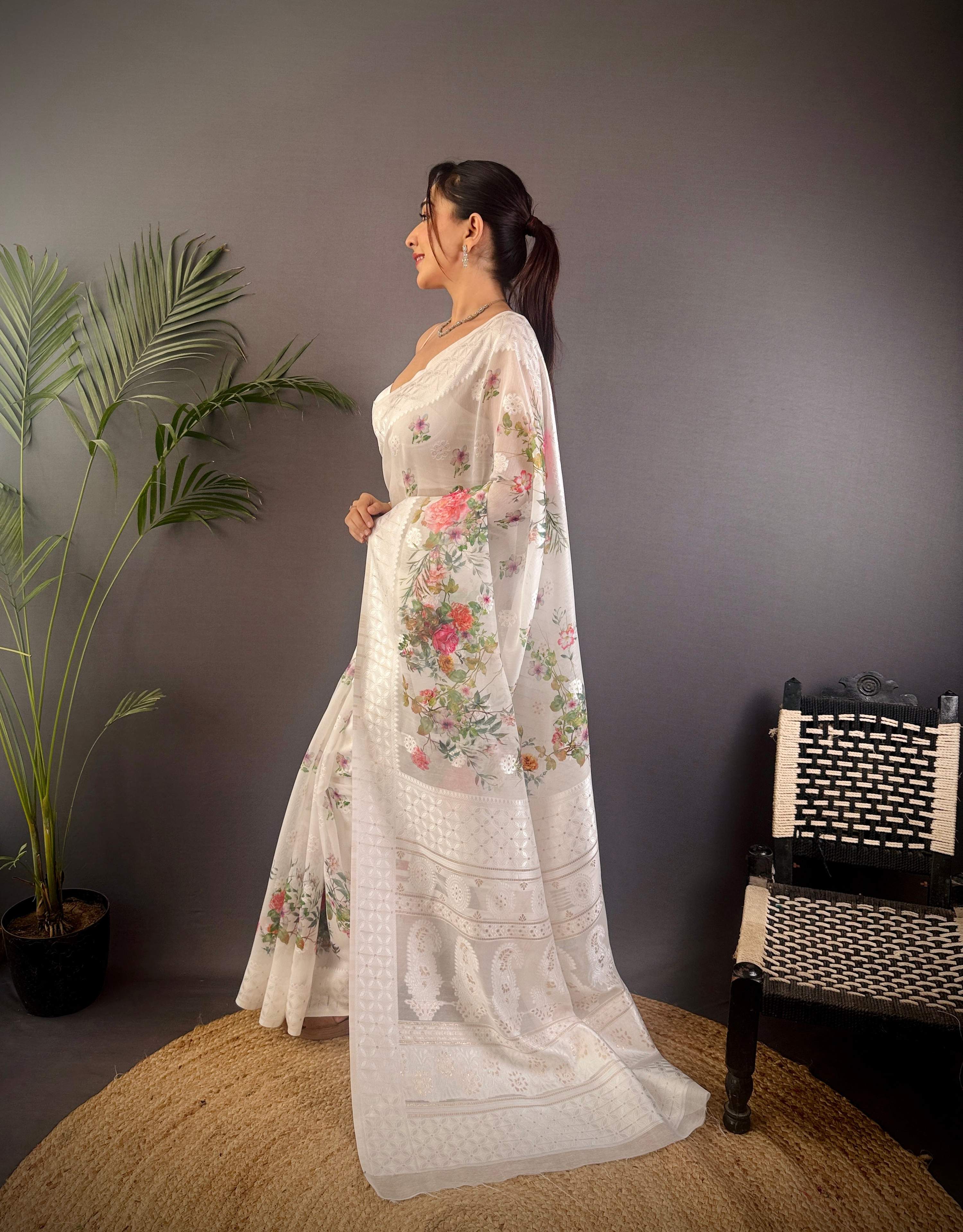 Sonakshi Women's White Blend Silk Jacquard Woven Traditional Saree with Blouse