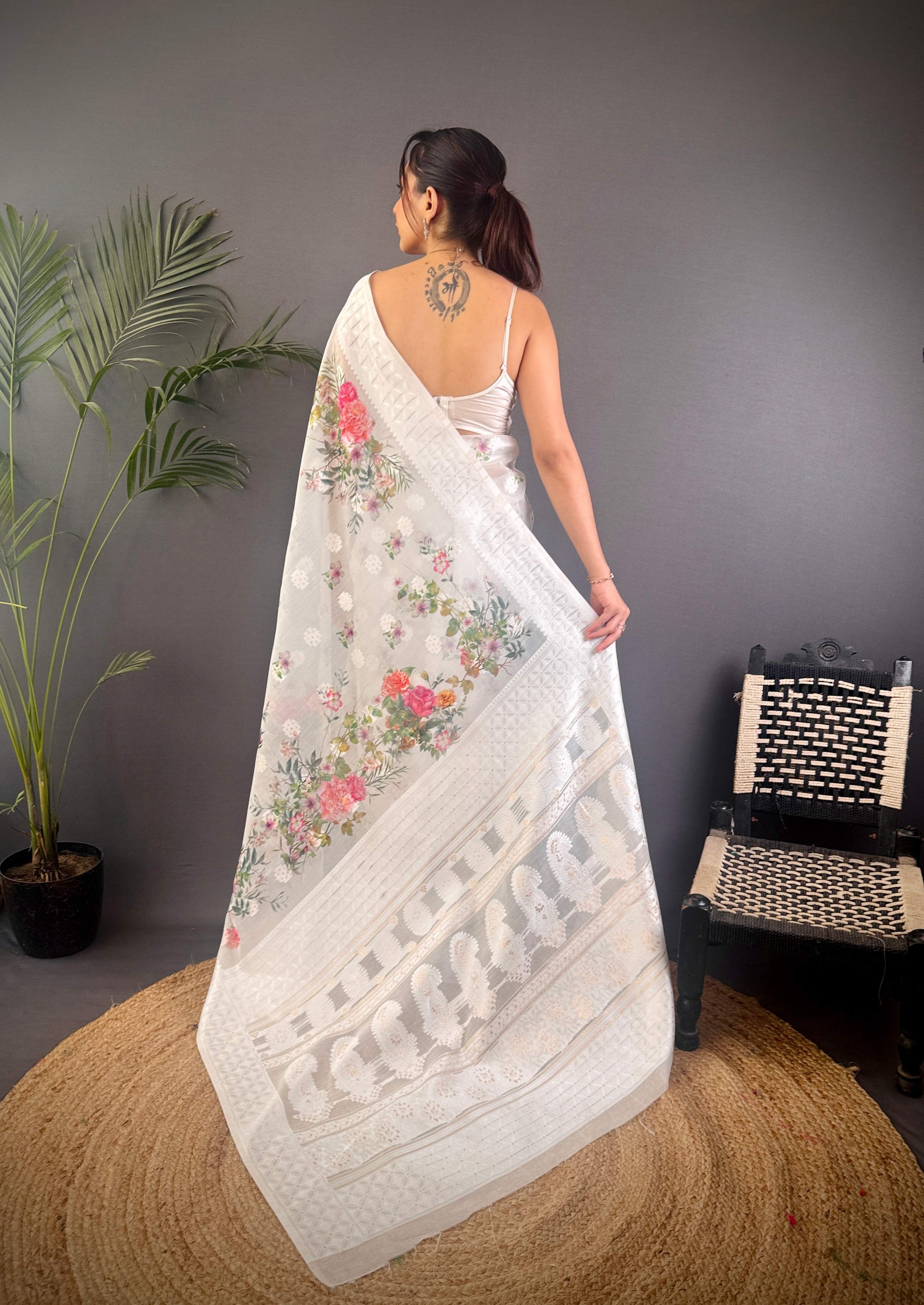 Sonakshi Women's White Blend Silk Jacquard Woven Traditional Saree with Blouse