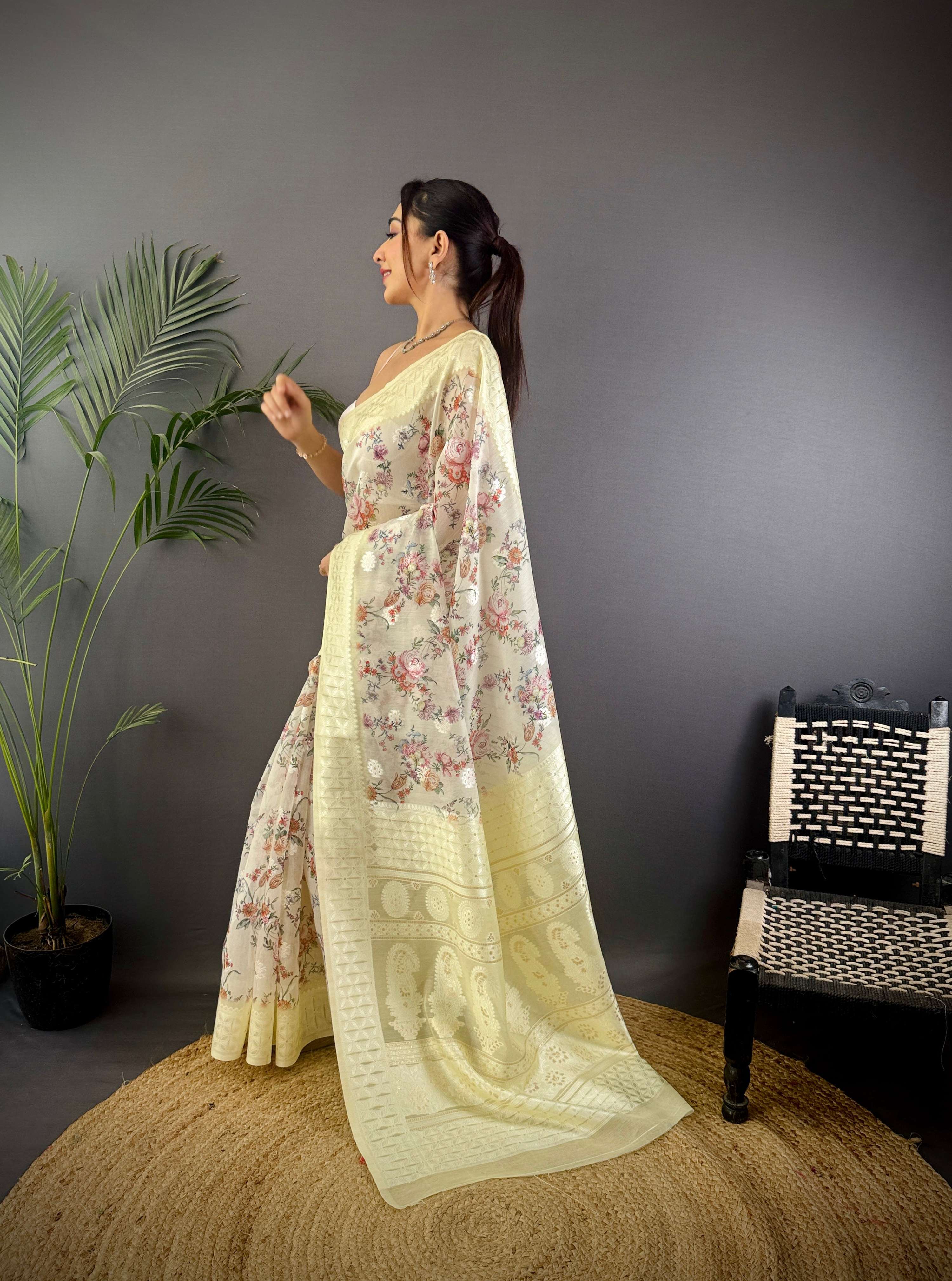 Sonakshi Women's Lemon Blend Silk Jacquard Woven Traditional Saree with Blouse