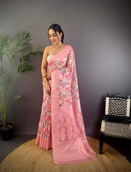 Sonakshi Women's Pink Blend Silk Jacquard Woven Traditional Saree with Blouse