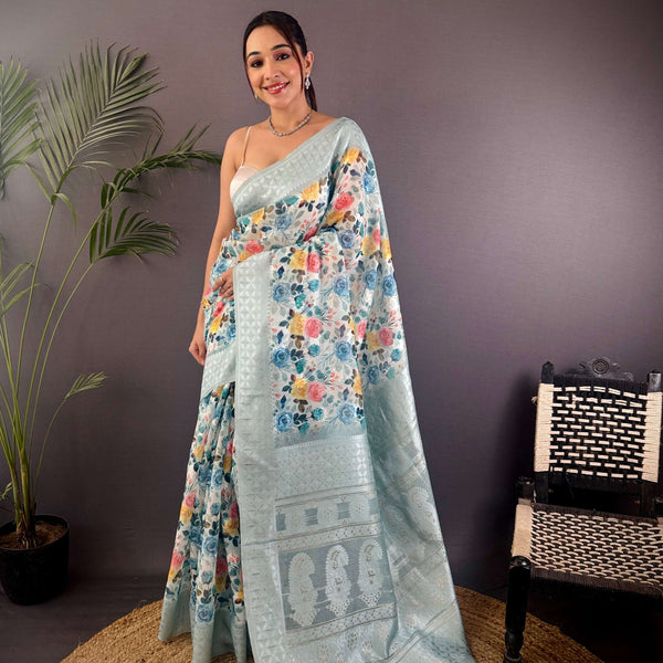 Sonakshi Women's Sky Blend Silk Jacquard Woven Traditional Saree with Blouse - Distacart