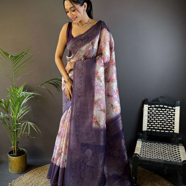Sonakshi Women's Purple Blend Silk Jacquard Woven Traditional Saree with Blouse - Distacart