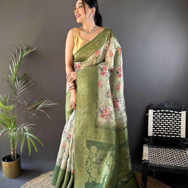 Sonakshi Women's Green Blend Silk Jacquard Woven Traditional Saree with Blouse - Distacart