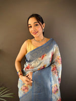 Thumbnail for Sonakshi Women's Dark Sky Blend Silk Jacquard Woven Traditional Saree with Blouse - Distacart