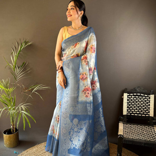 Sonakshi Women's Dark Sky Blend Silk Jacquard Woven Traditional Saree with Blouse - Distacart