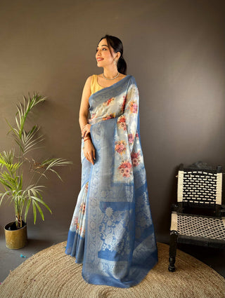 Sonakshi Women's Dark Sky Blend Silk Jacquard Woven Traditional Saree with Blouse