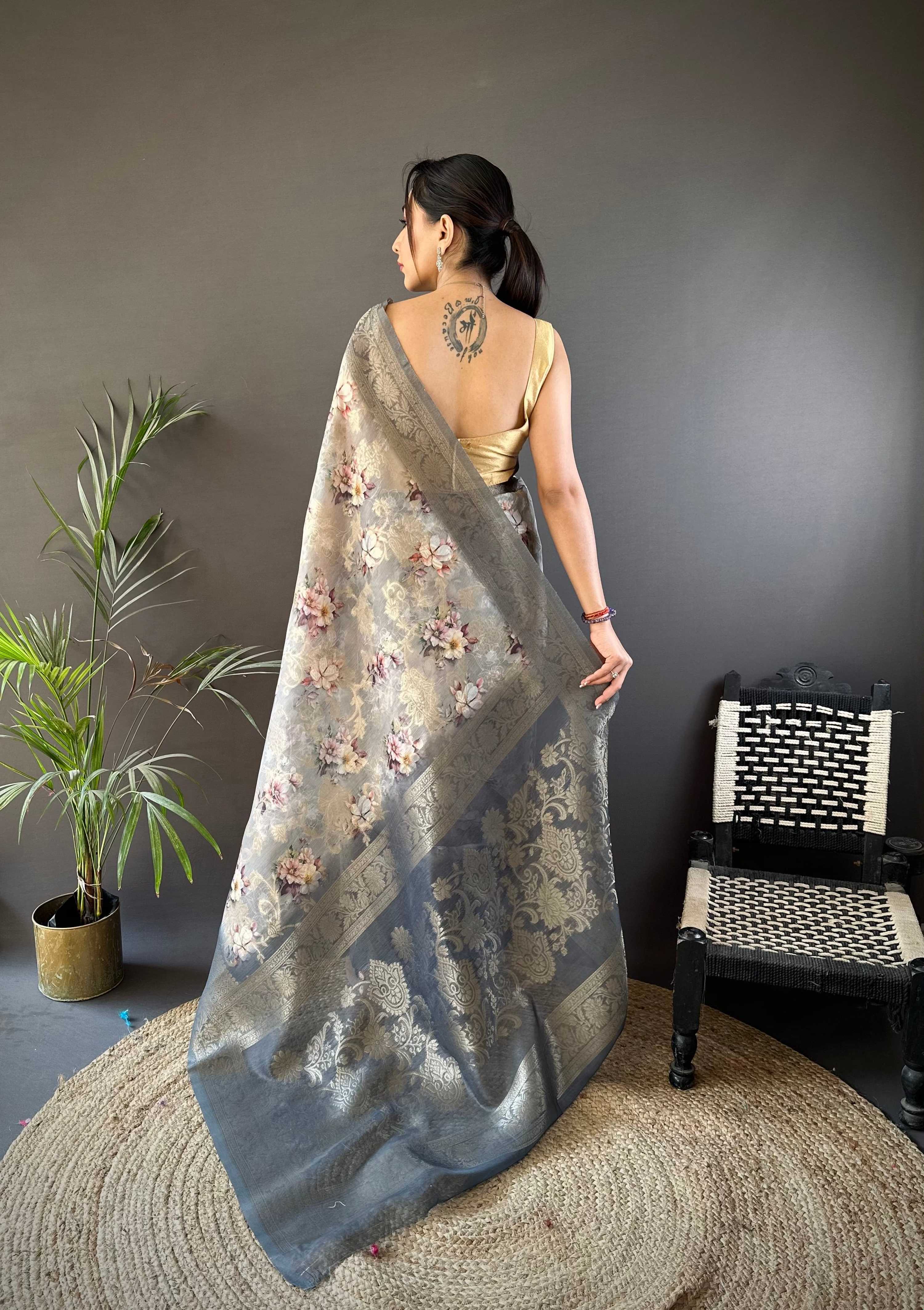 Sonakshi Women's Grey Blend Silk Jacquard Woven Traditional Saree with Blouse - Distacart