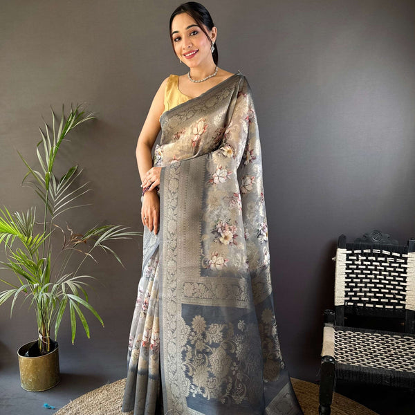 Sonakshi Women's Grey Blend Silk Jacquard Woven Traditional Saree with Blouse - Distacart