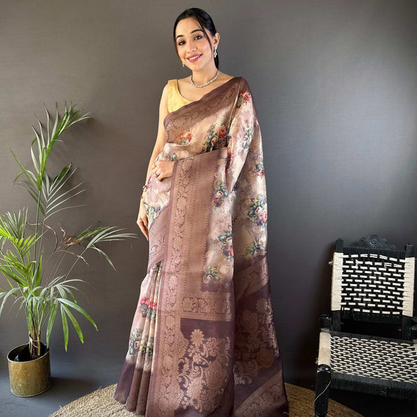 Sonakshi Women's Coffee Blend Silk Jacquard Woven Traditional Saree with Blouse - Distacart