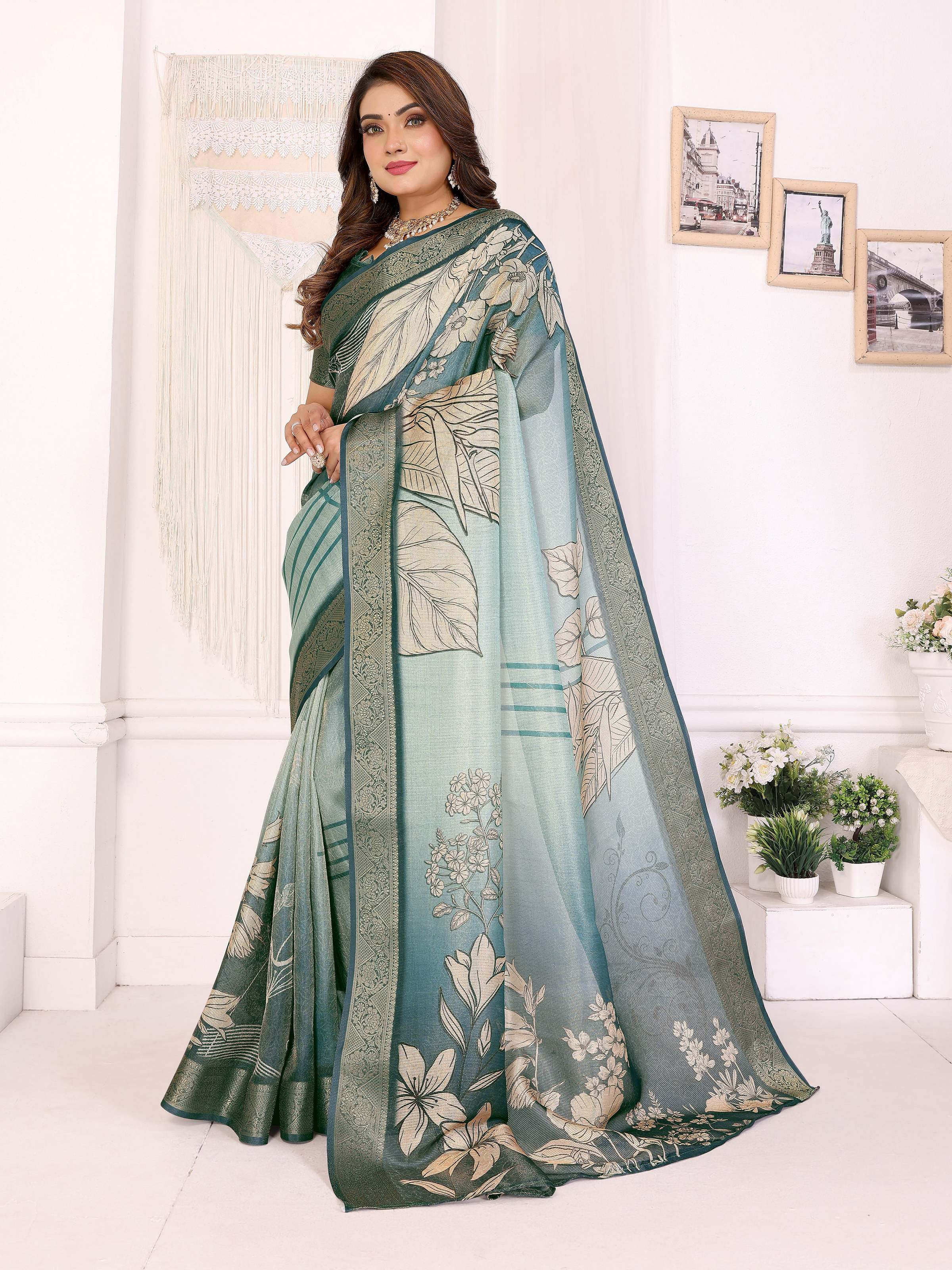 Sonakshi Women's Seagreen Mulberry Silk With Digital Prints Saree with Blouse