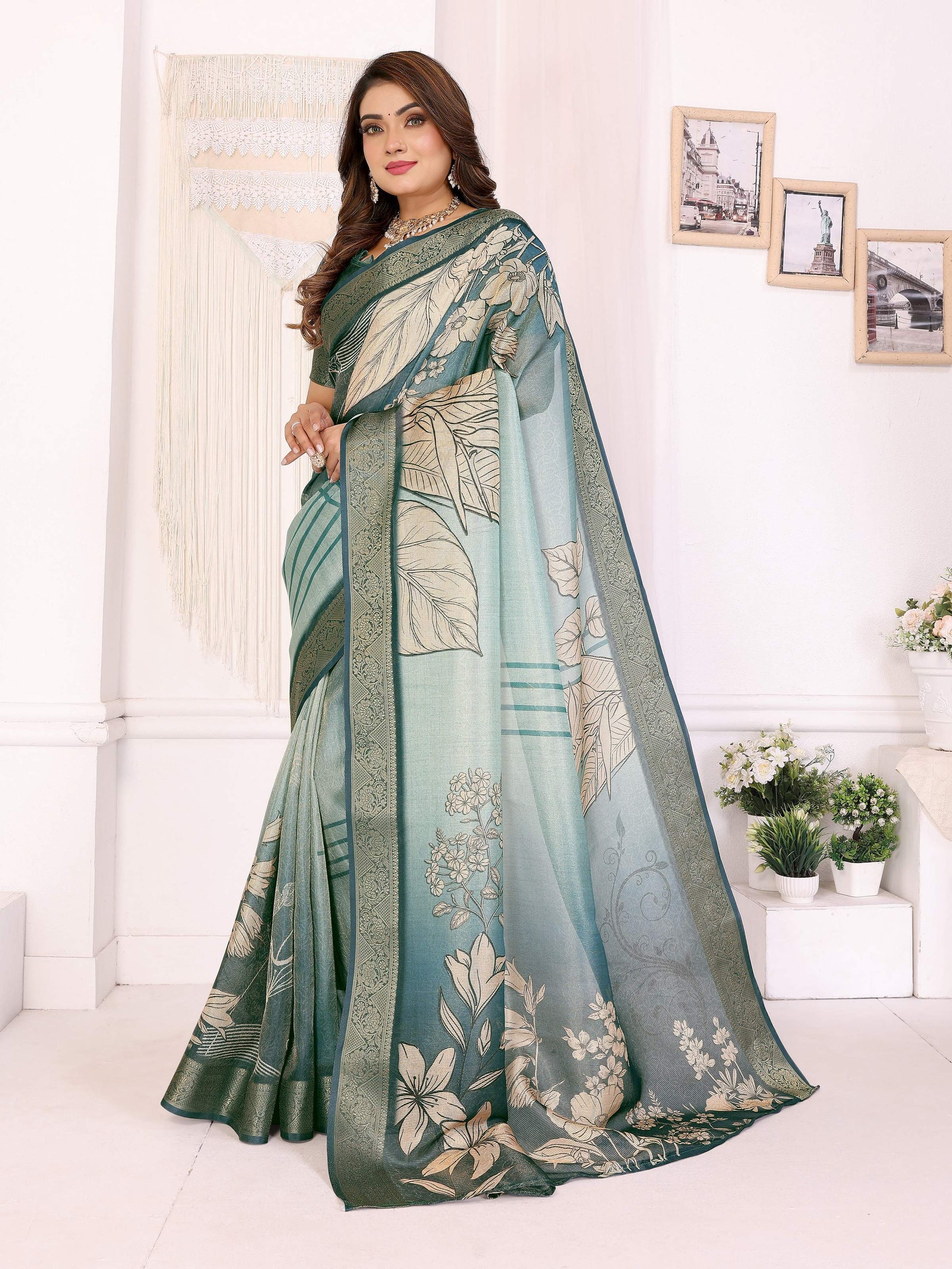 Sonakshi Women's Seagreen Mulberry Silk With Digital Prints Saree with Blouse - Distacart