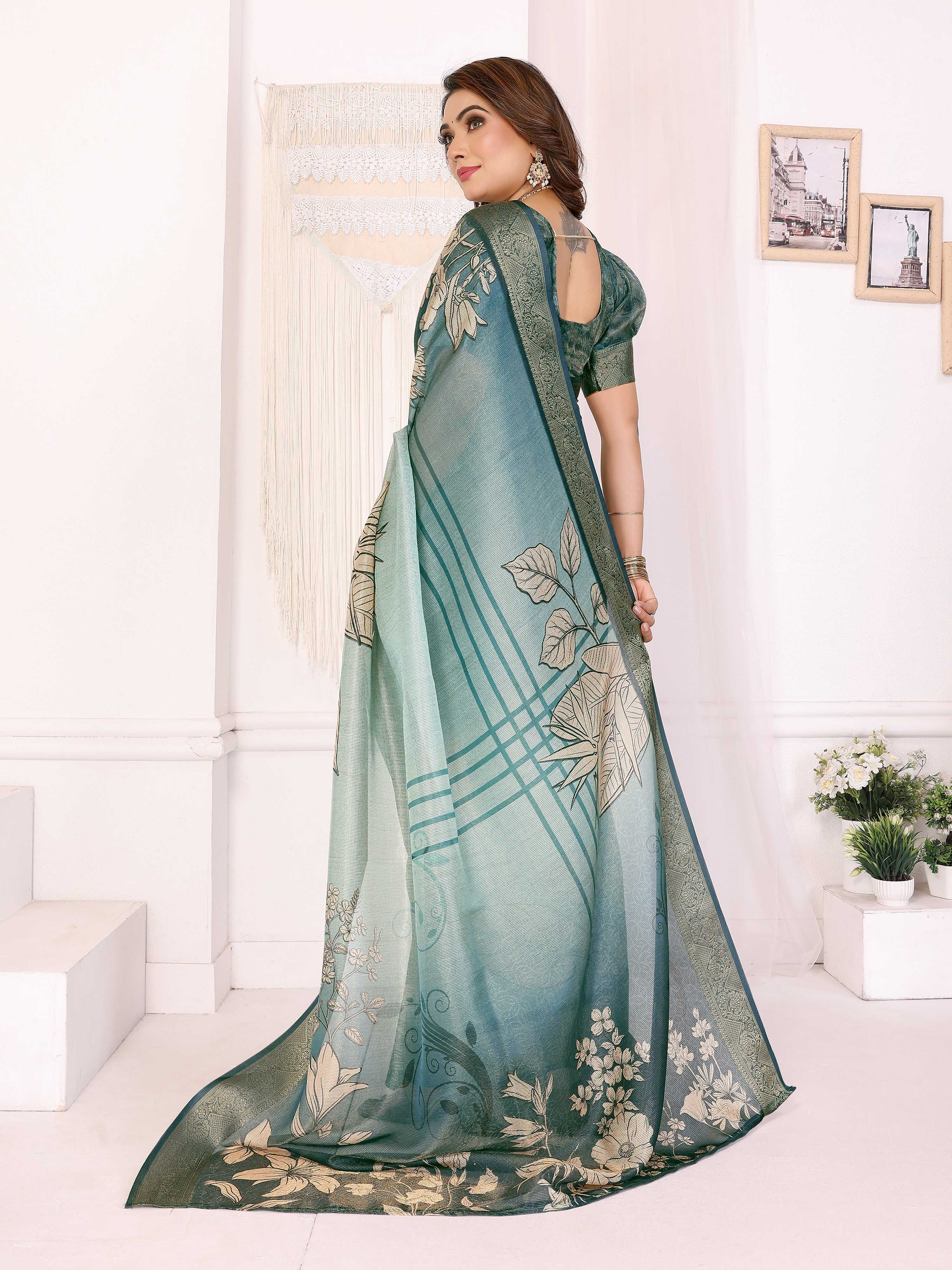 Sonakshi Women's Seagreen Mulberry Silk With Digital Prints Saree with Blouse
