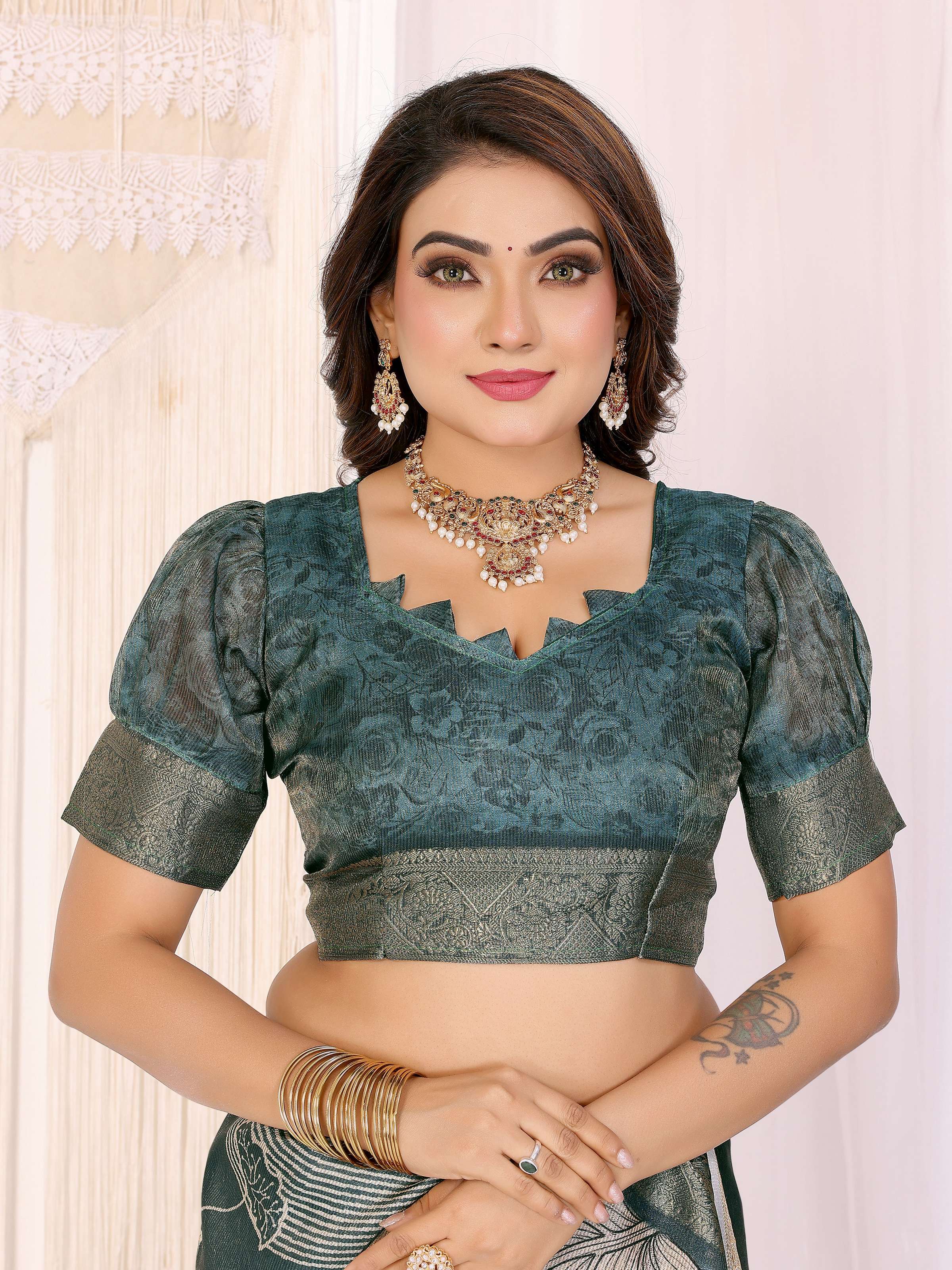 Sonakshi Women's Seagreen Mulberry Silk With Digital Prints Saree with Blouse