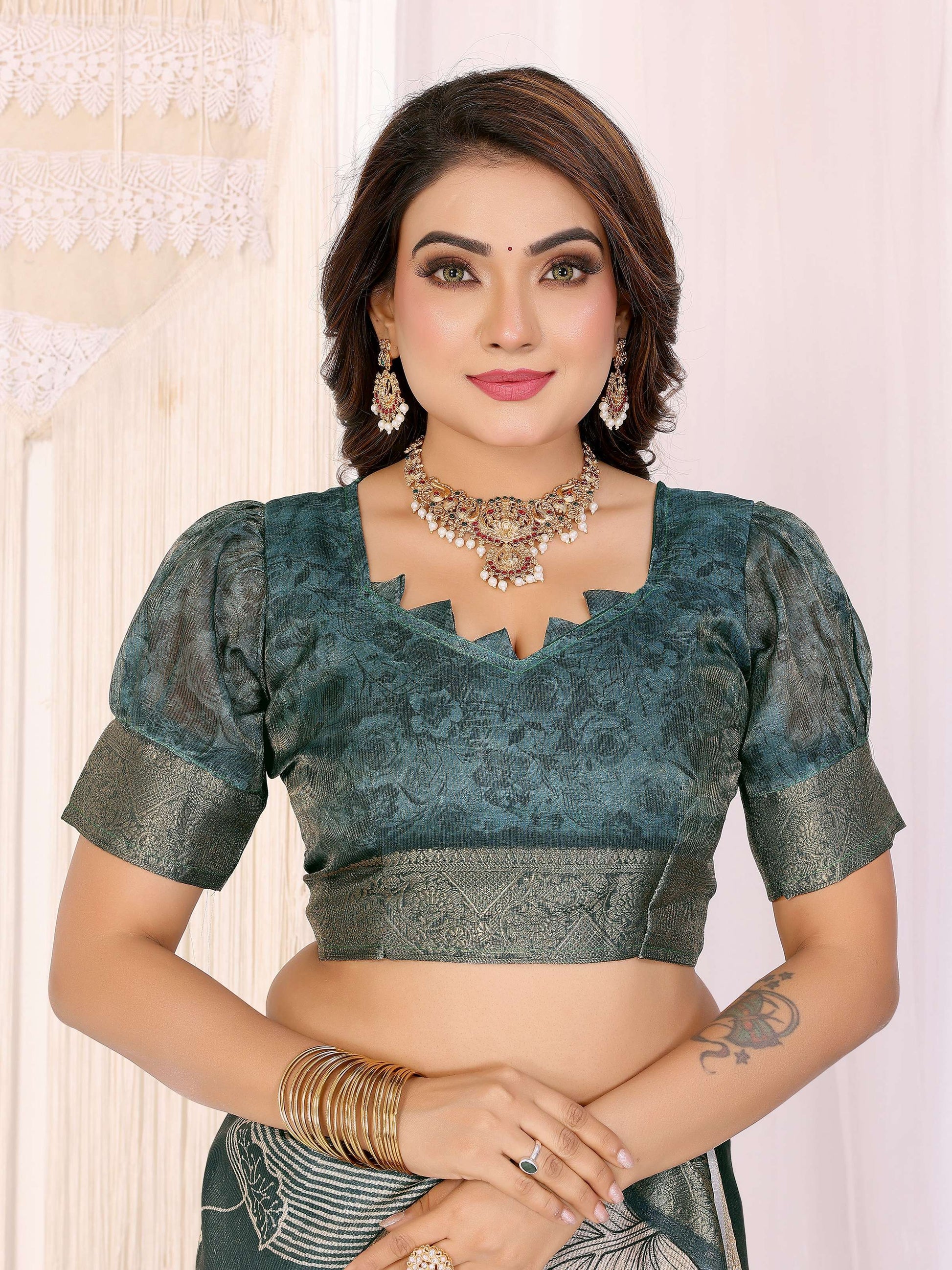 Sonakshi Women's Seagreen Mulberry Silk With Digital Prints Saree with Blouse - Distacart