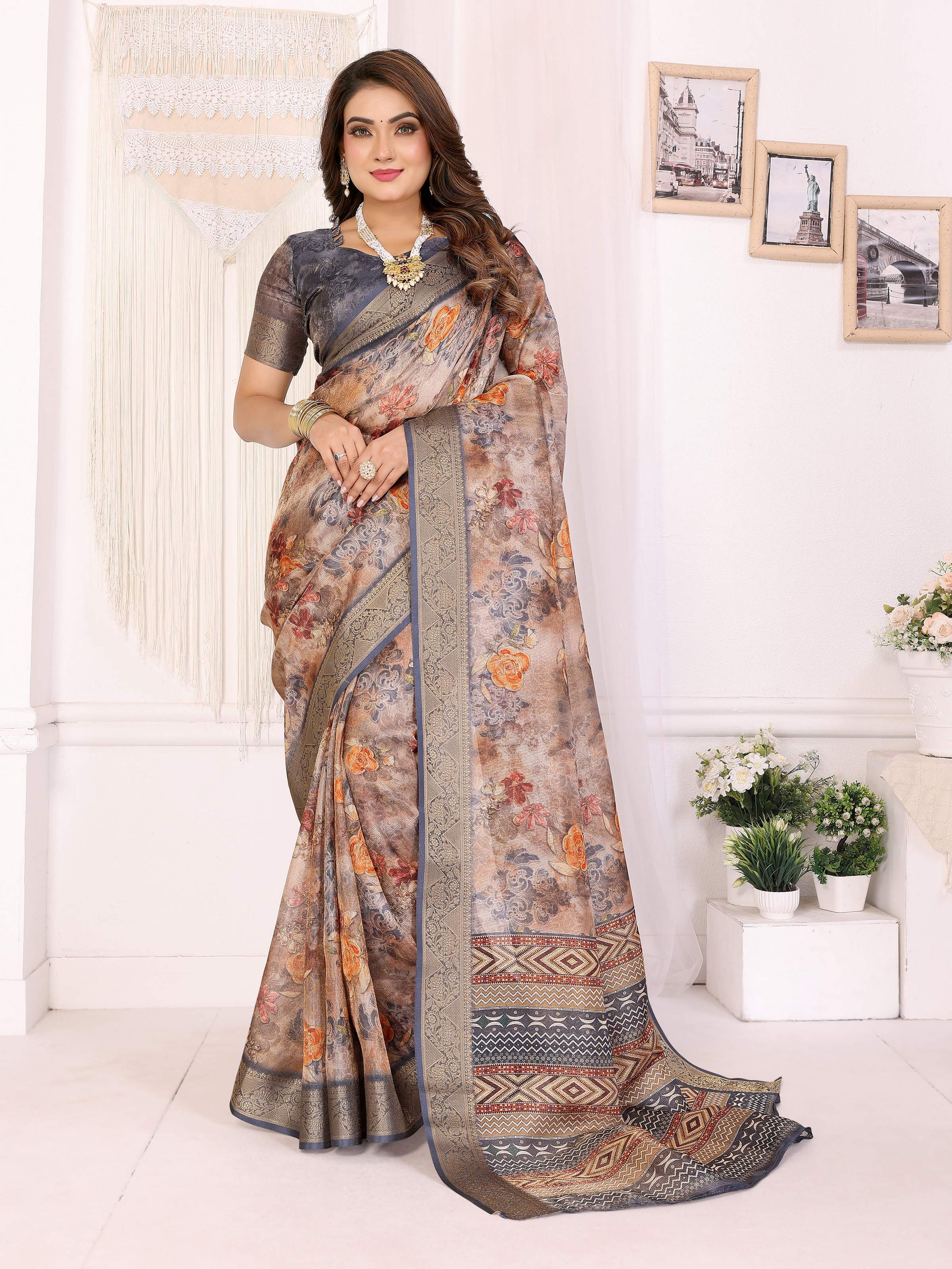 Sonakshi Women's Tamba Mulberry Silk With Digital Prints Saree with Blouse - Distacart