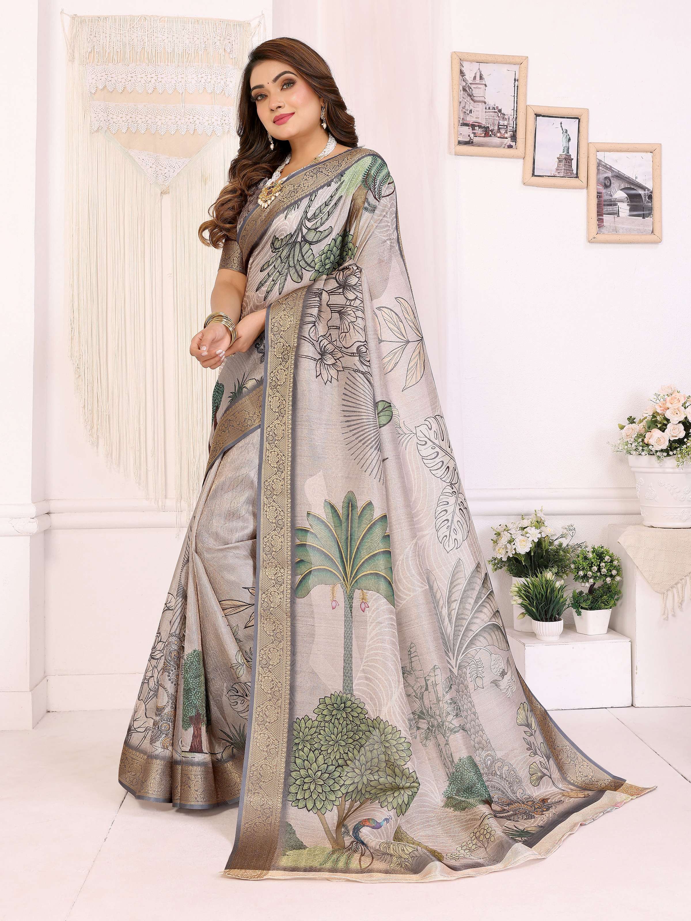 Sonakshi Women's Silver Mulberry Silk With Digital Prints Saree with Blouse