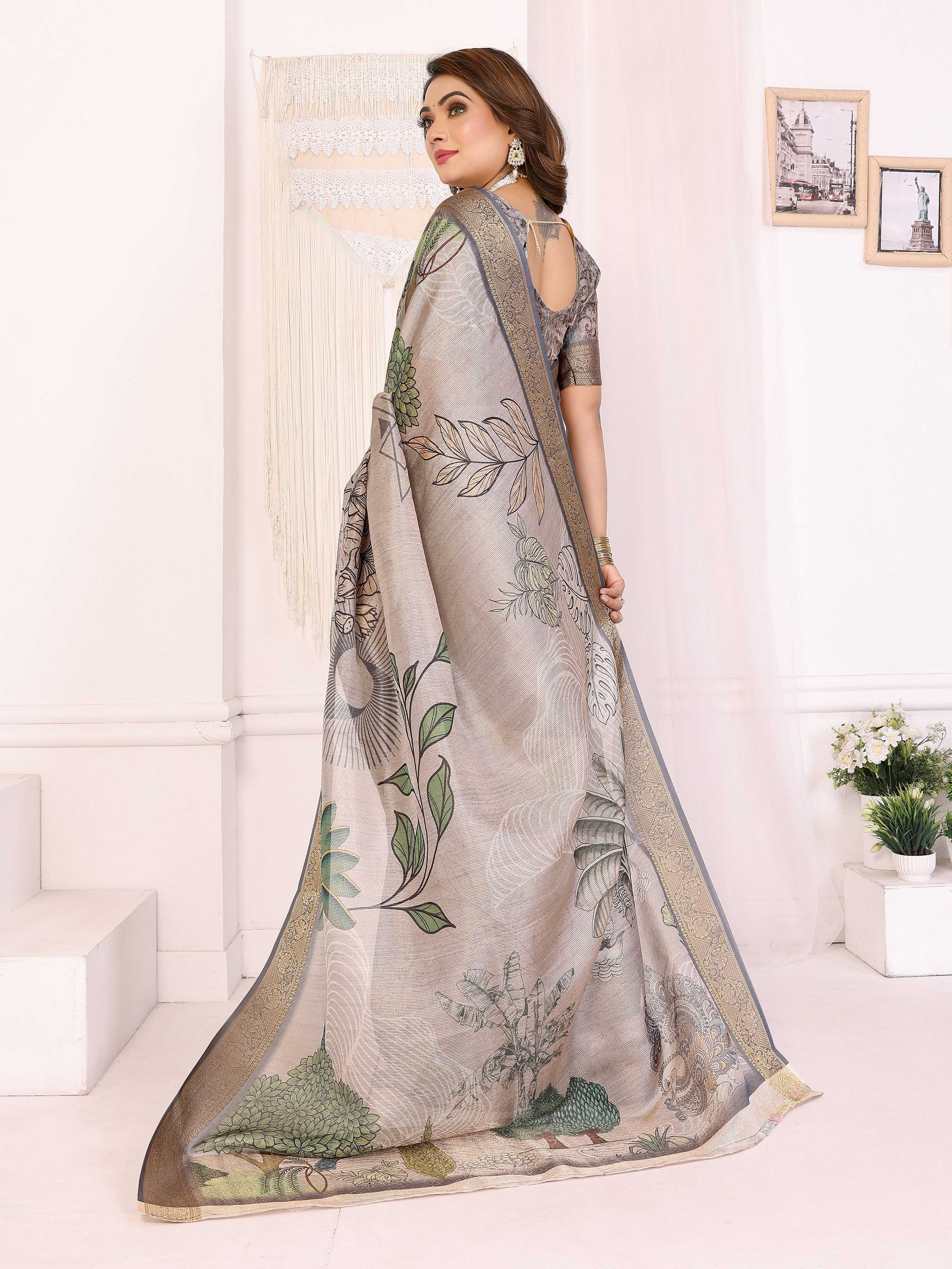 Sonakshi Women's Silver Mulberry Silk With Digital Prints Saree with Blouse