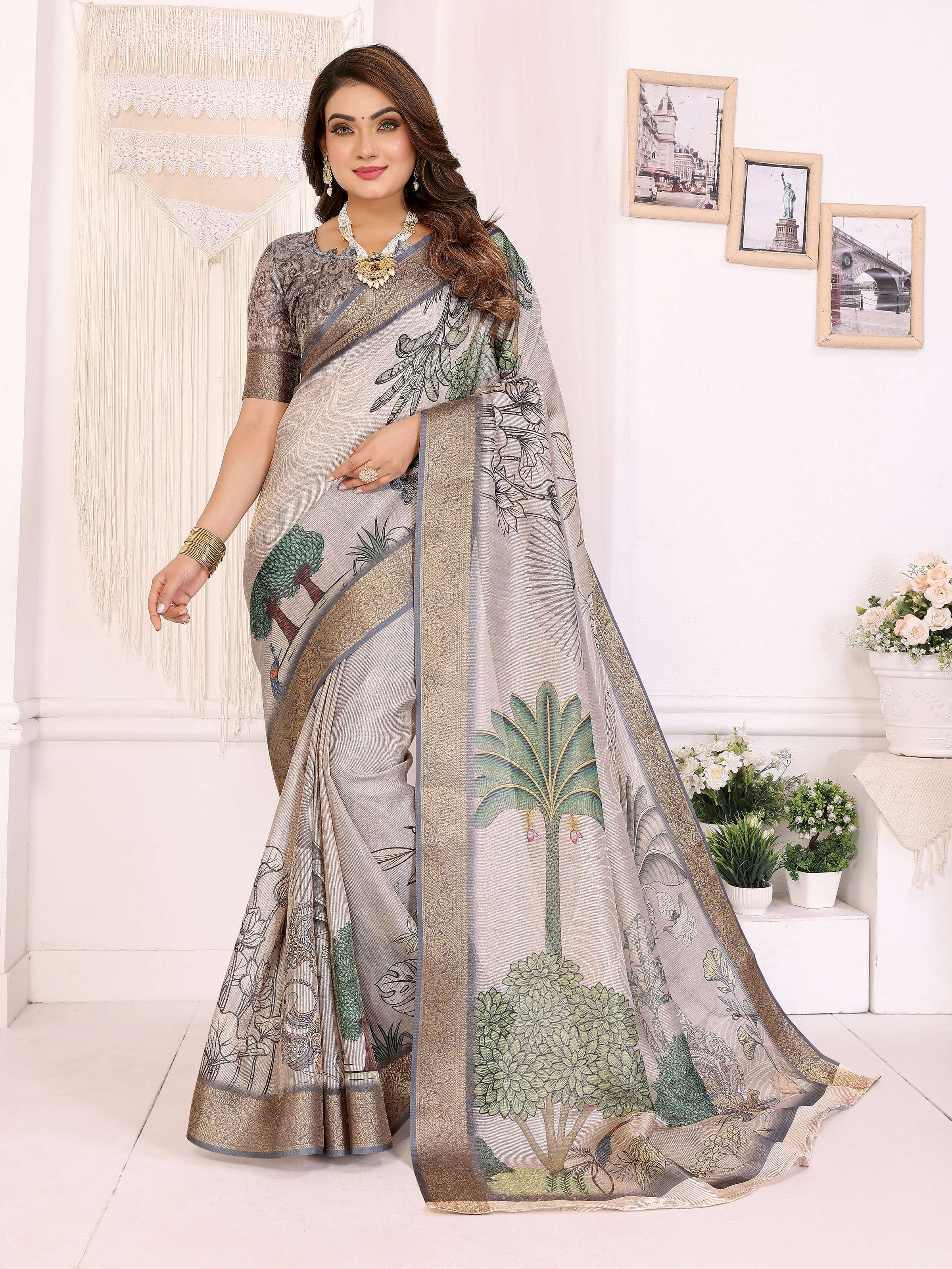 Sonakshi Women's Silver Mulberry Silk With Digital Prints Saree with Blouse