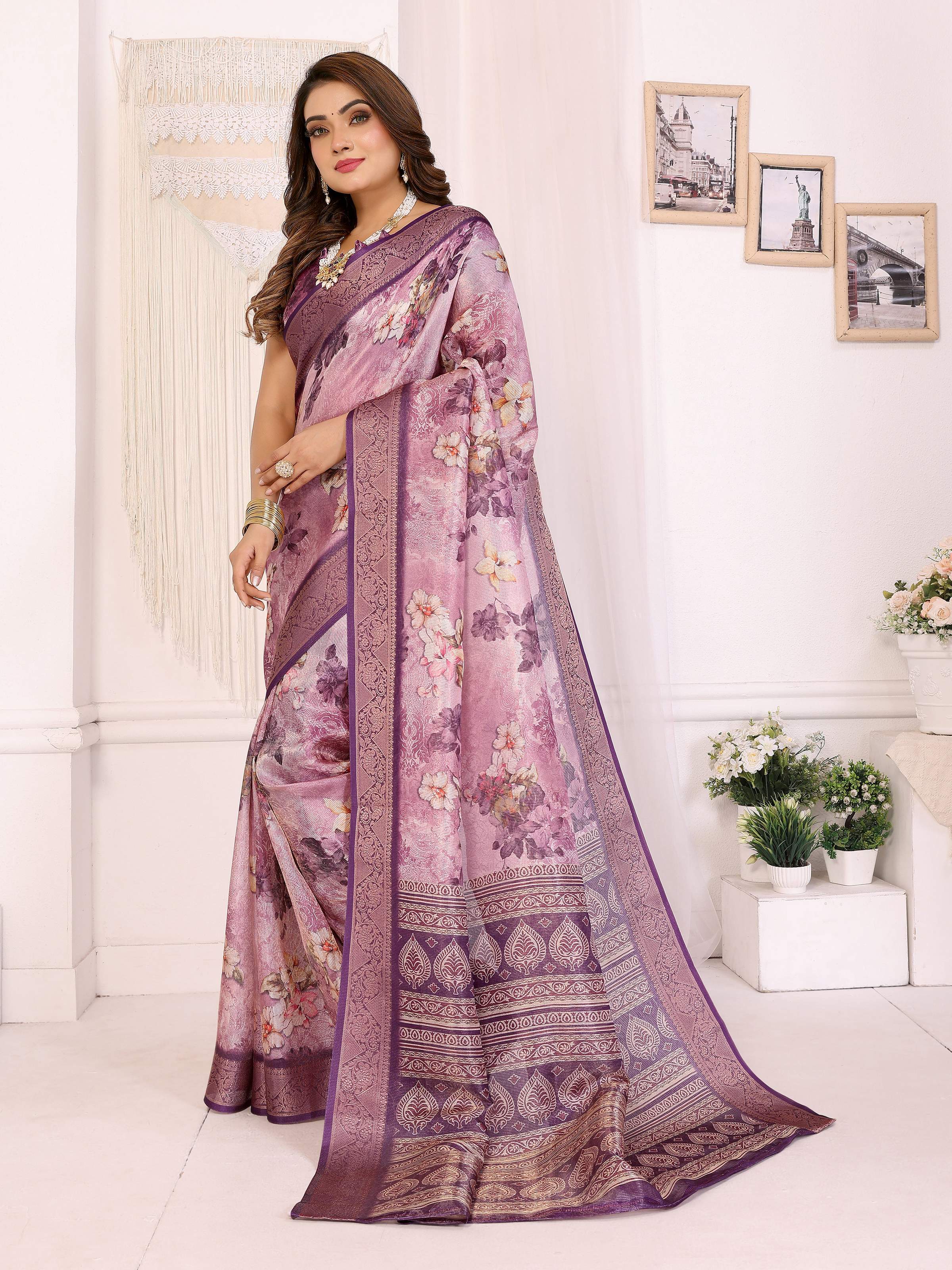 Sonakshi Women's Jamli Mulberry Silk With Digital Prints Saree with Blouse
