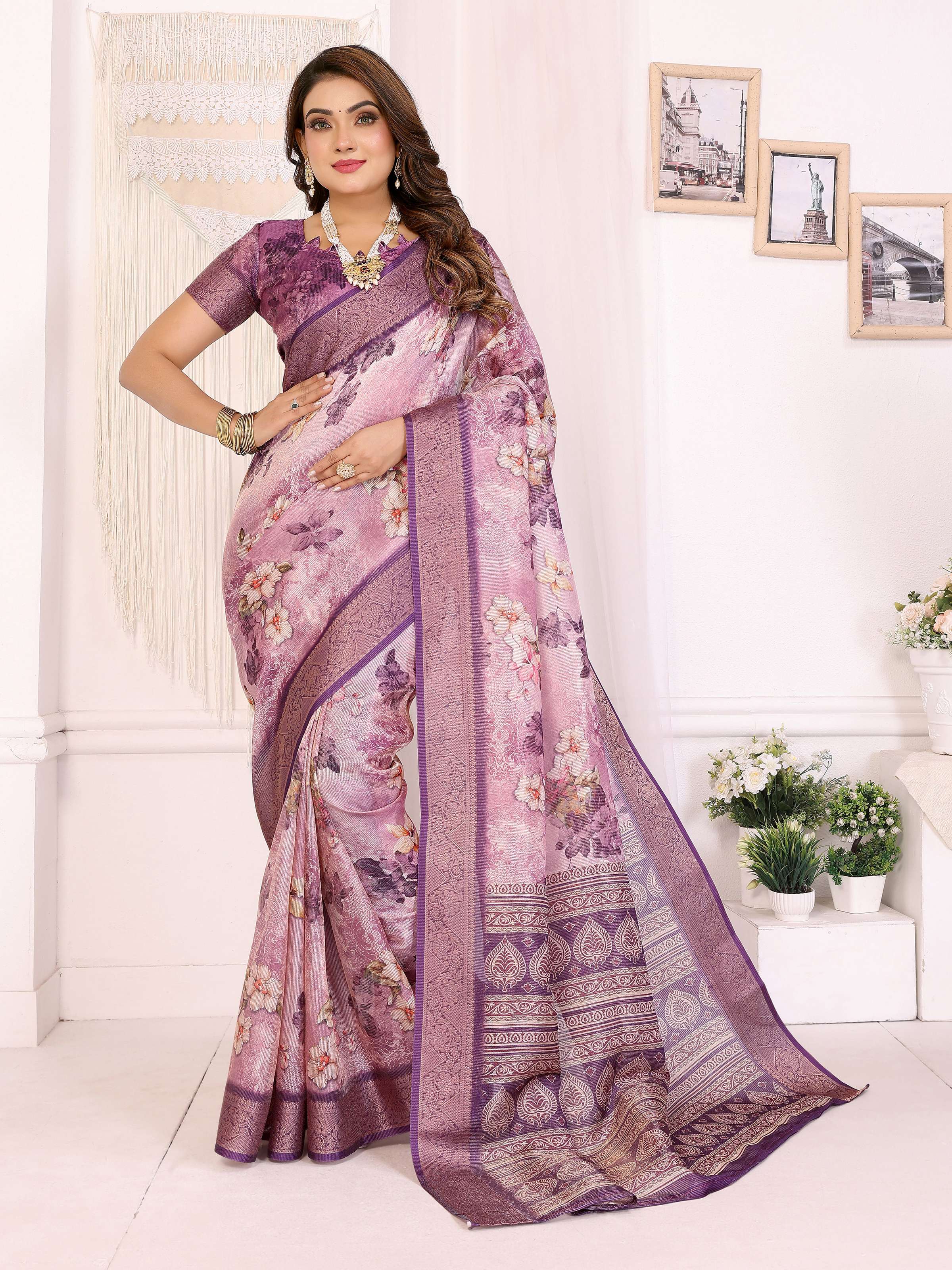 Sonakshi Women's Jamli Mulberry Silk With Digital Prints Saree with Blouse