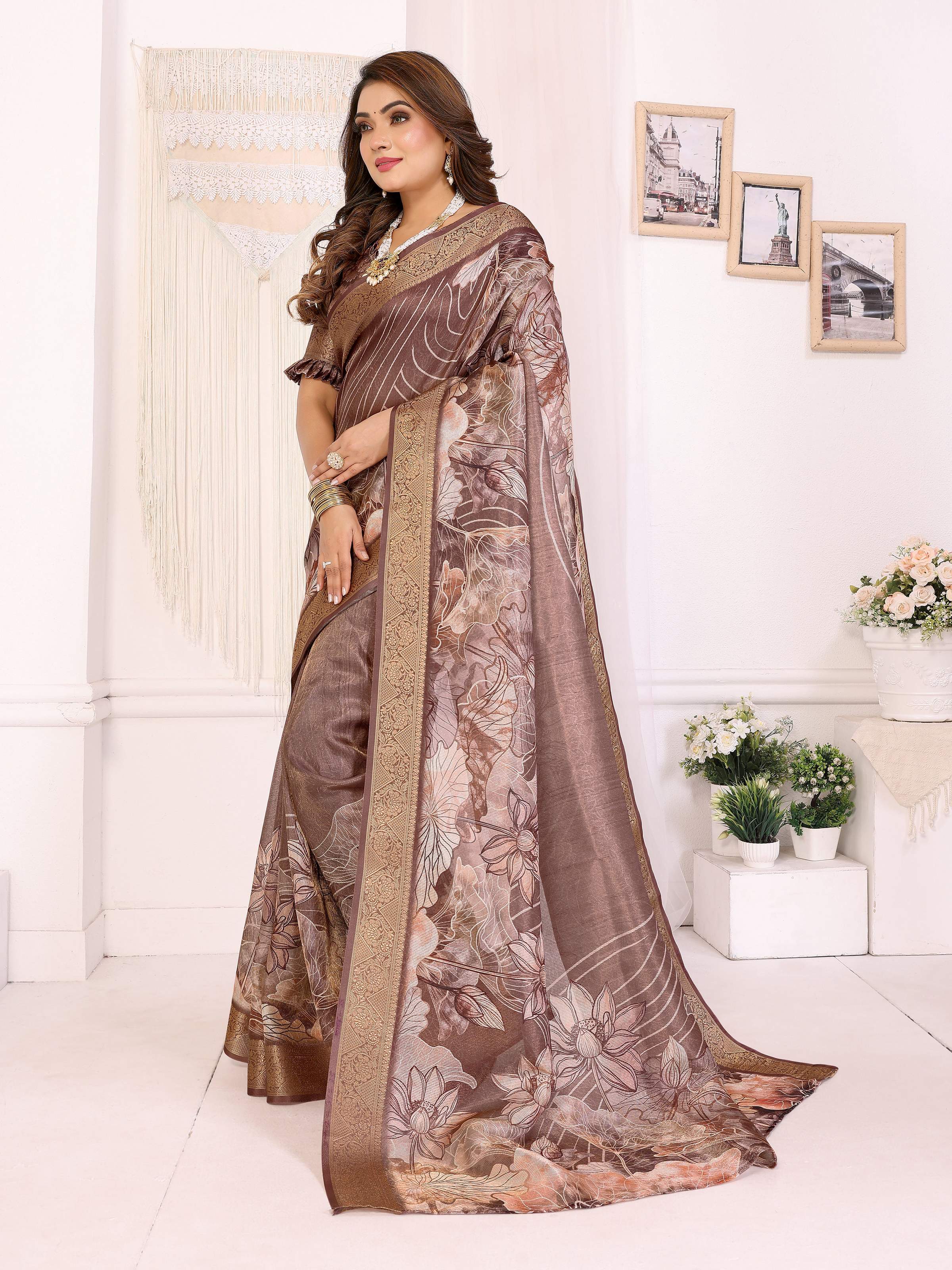 Sonakshi Women's Coffee Mulberry Silk With Digital Prints Saree with Blouse