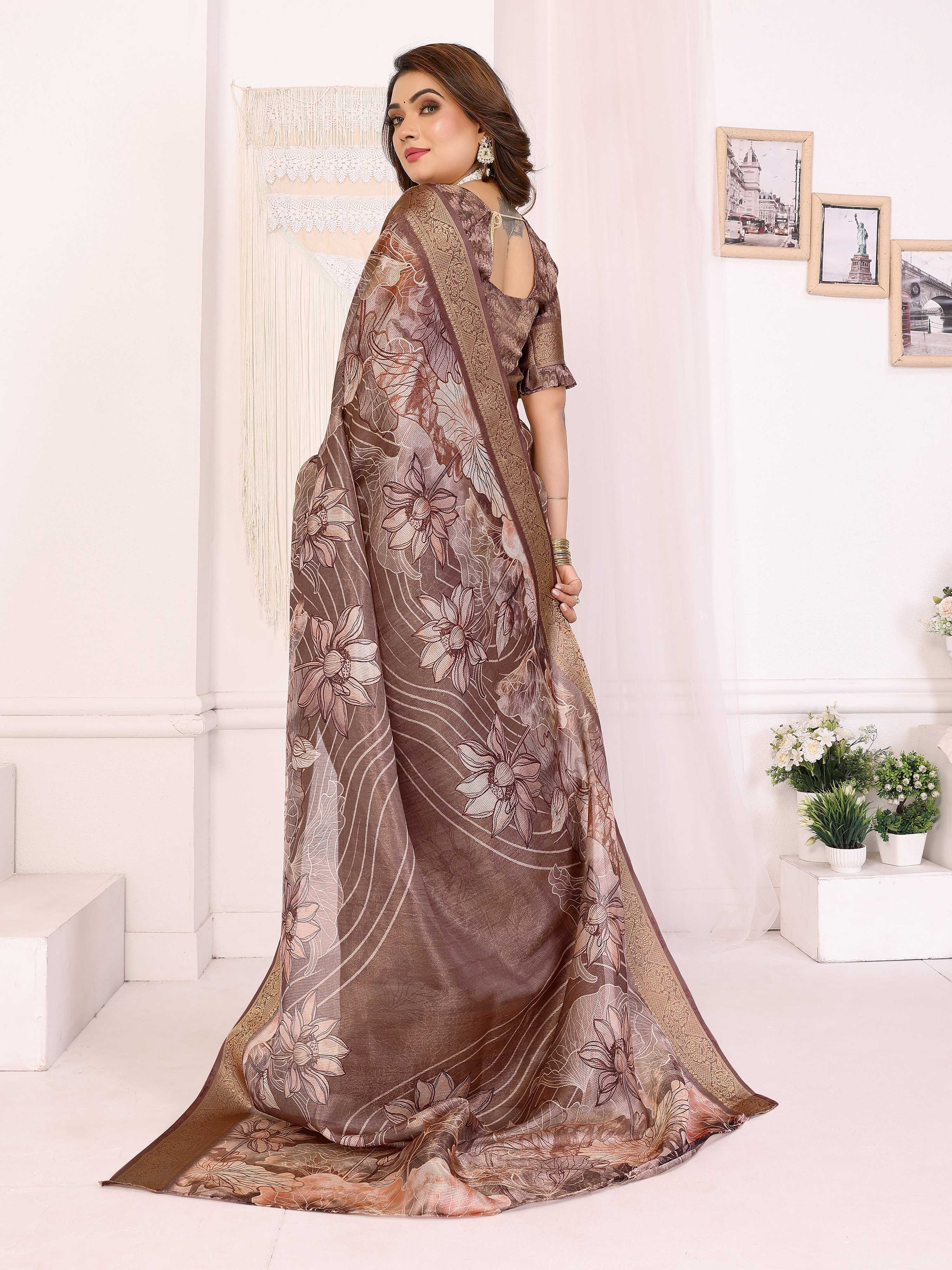 Sonakshi Women's Coffee Mulberry Silk With Digital Prints Saree with Blouse