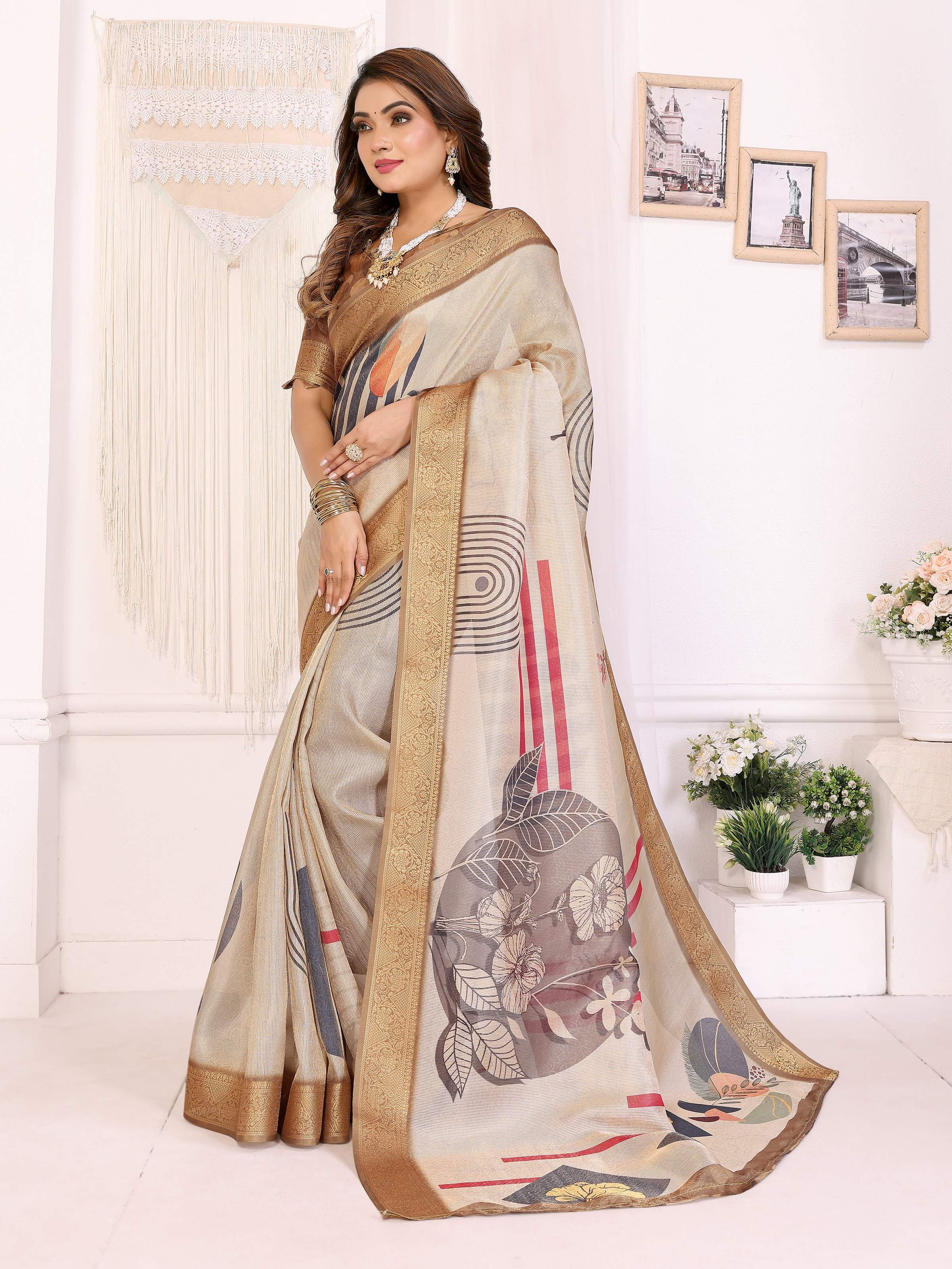 Sonakshi Women's White Mulberry Silk With Digital Prints Saree with Blouse