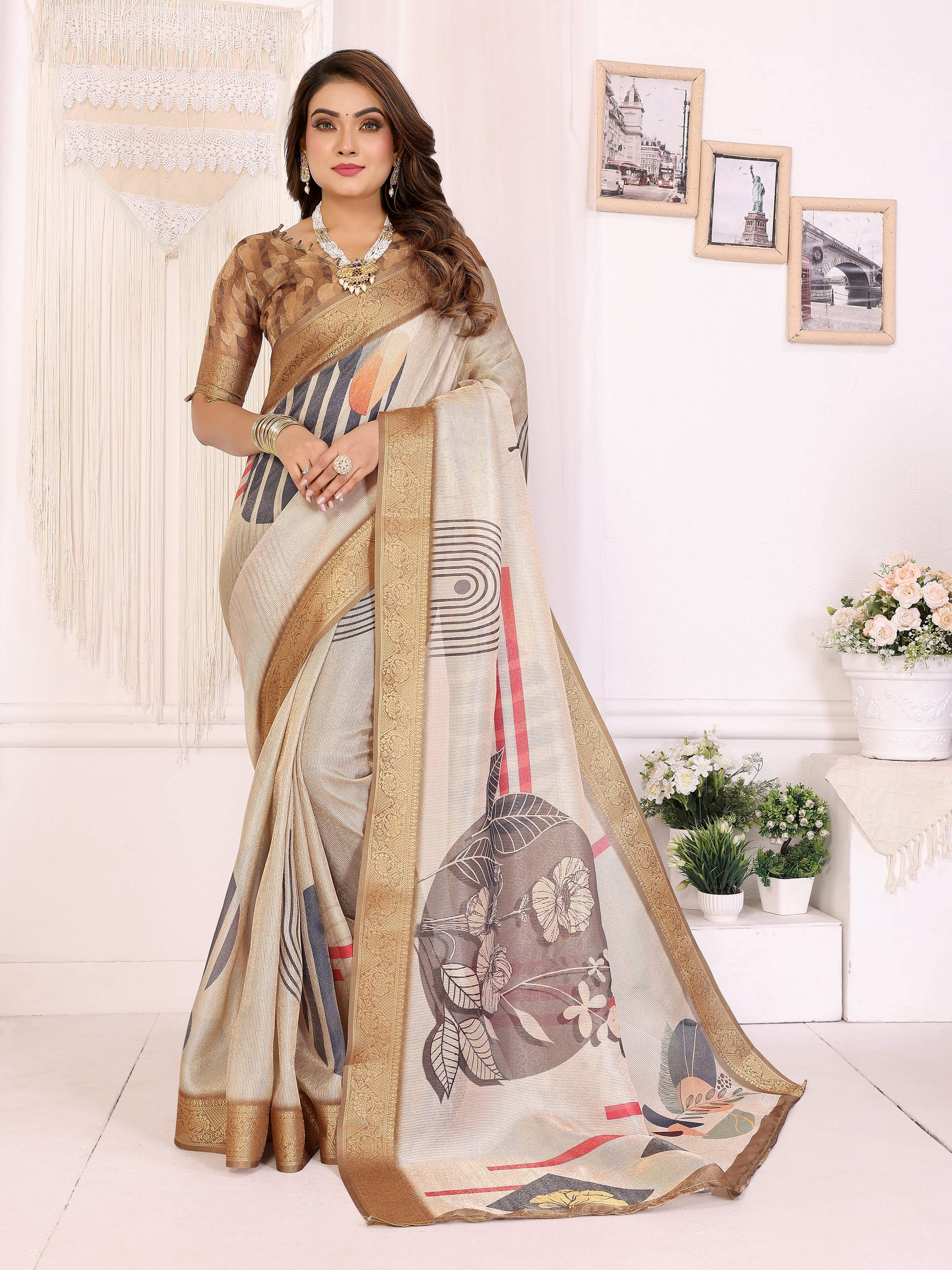 Sonakshi Women's White Mulberry Silk With Digital Prints Saree with Blouse