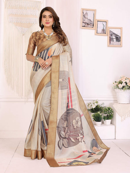 Sonakshi Women's White Mulberry Silk With Digital Prints Saree with Blouse