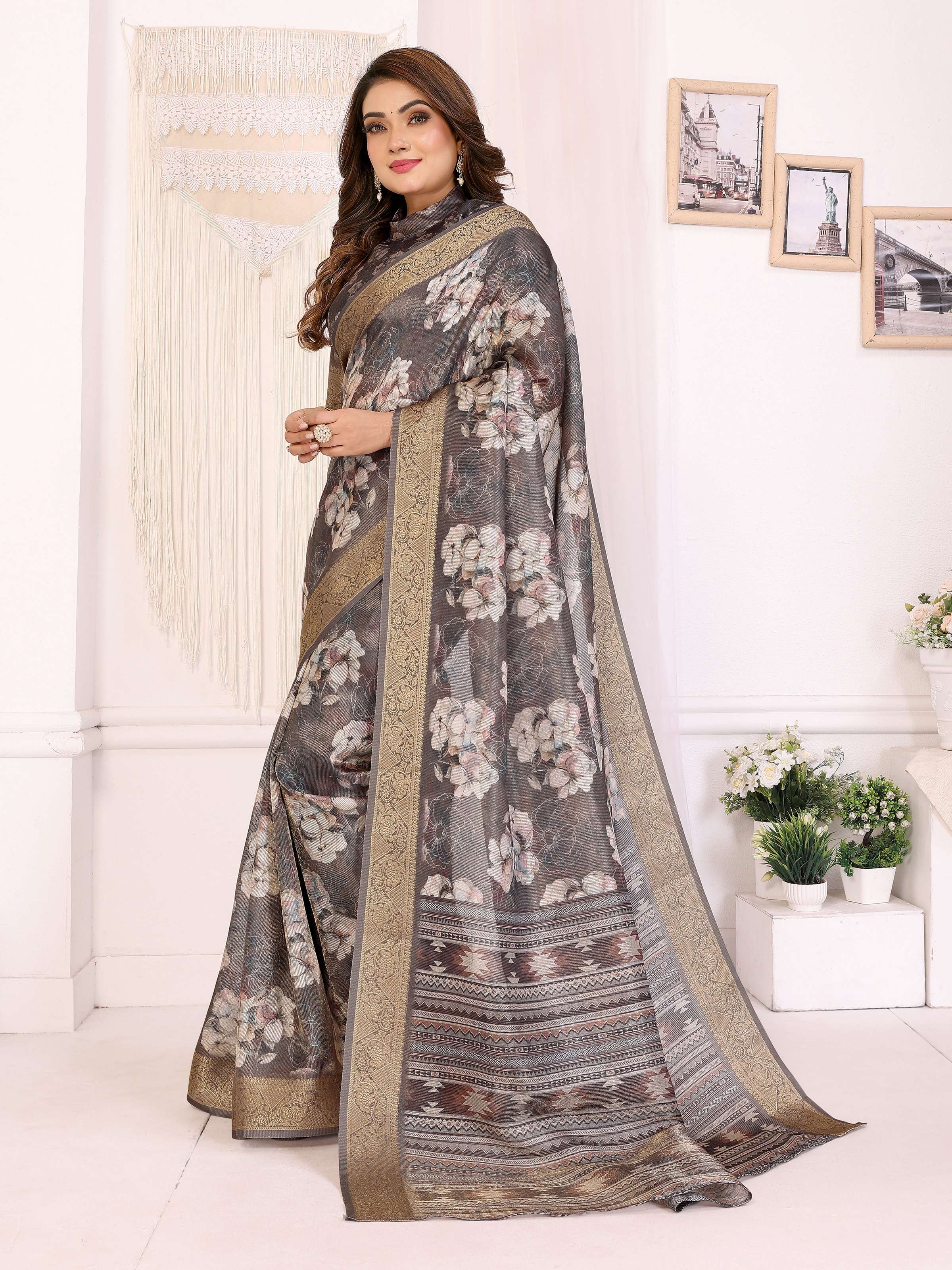 Sonakshi Women's Grey Mulberry Silk With Digital Prints Saree with Blouse