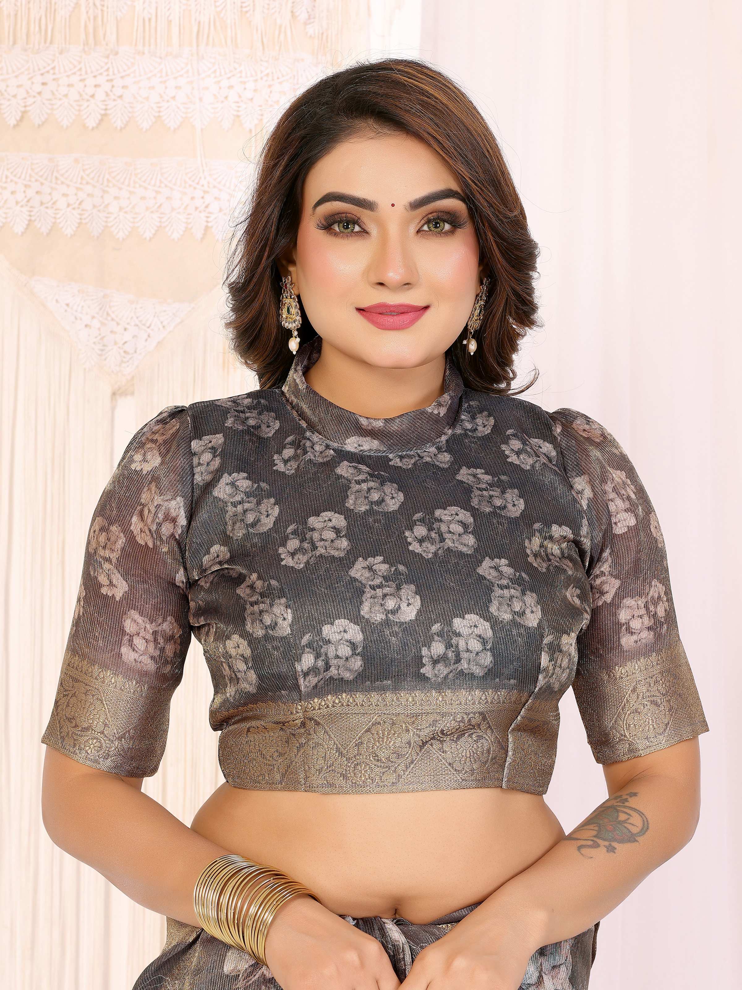 Sonakshi Women's Grey Mulberry Silk With Digital Prints Saree with Blouse