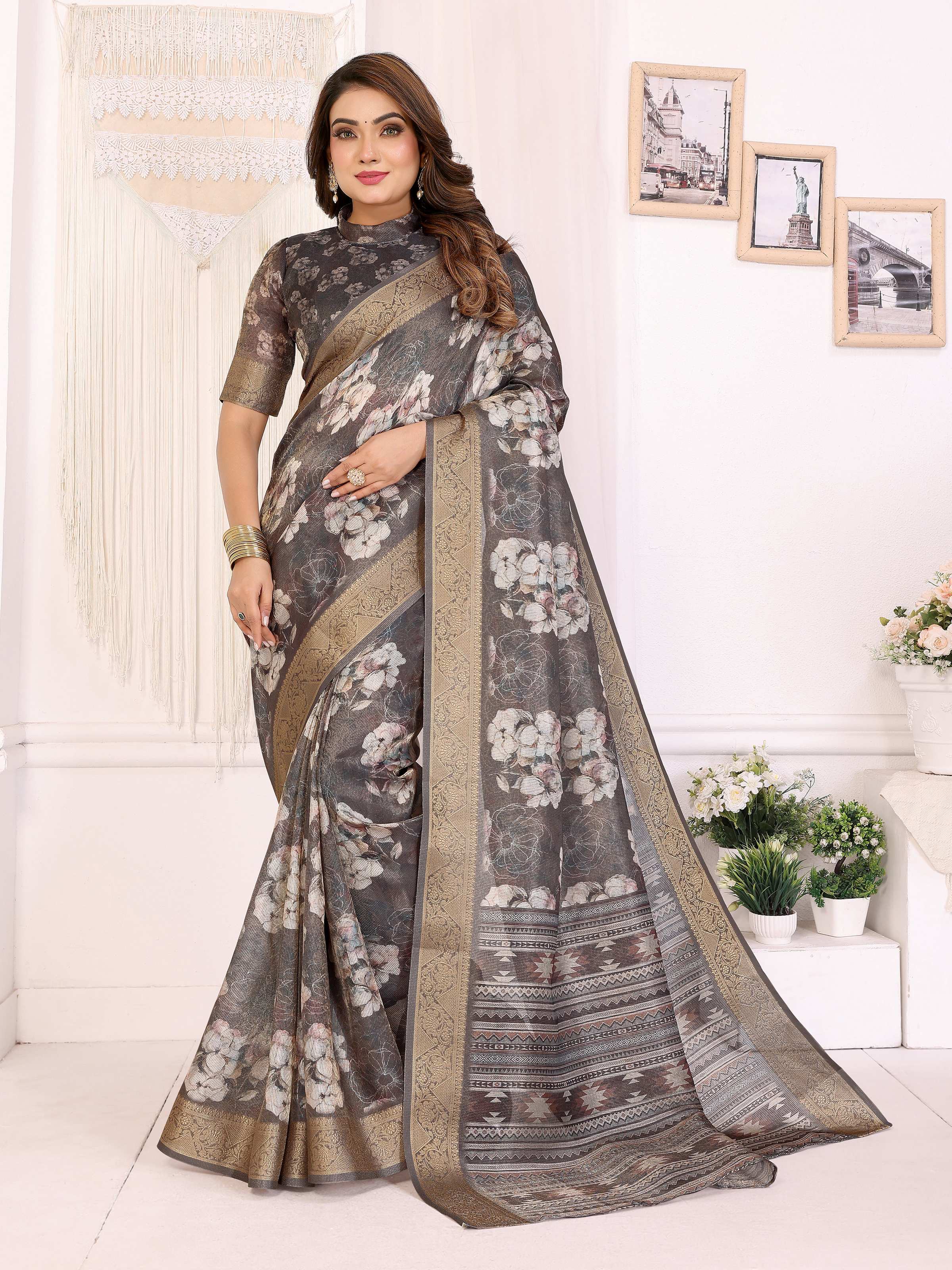 Sonakshi Women's Grey Mulberry Silk With Digital Prints Saree with Blouse